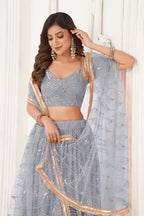 Silver Net Embroidered Lehenga Choli For Indian Festival & Weddings - Embroidery Work