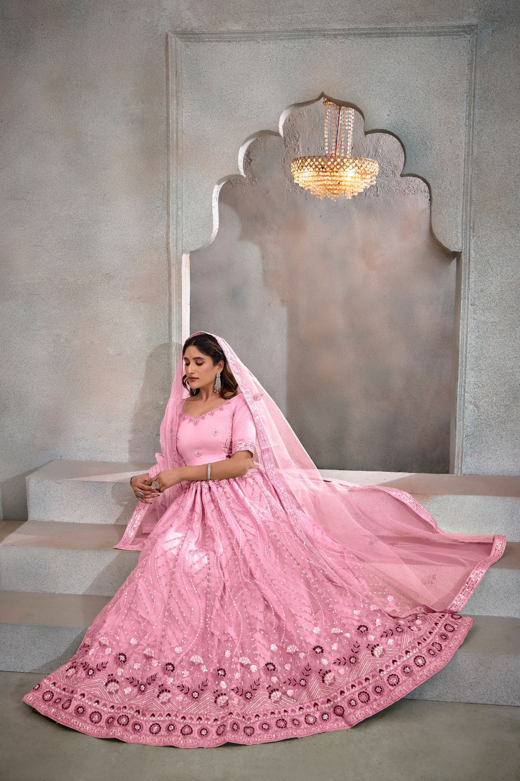 Baby Pink Net Lehenga Choli For Indian Festival & Weddings - Thread Embroidery Work, Sequence Embroidery Work