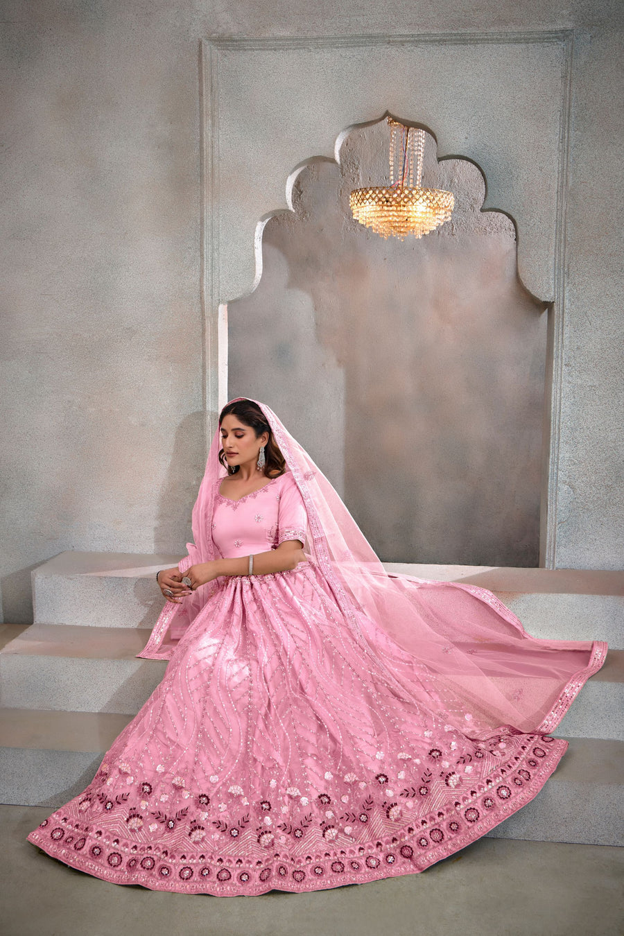 Baby Pink Net Lehenga Choli For Indian Festival & Weddings - Thread Embroidery Work, Sequence Embroidery Work