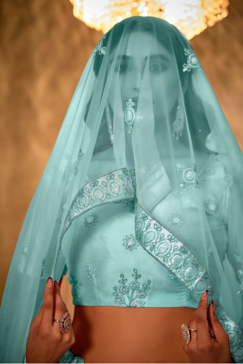 Cyan Net Lehenga Choli For Indian Festival & Weddings - Thread Embroidery Work, Sequence Embroidery Work