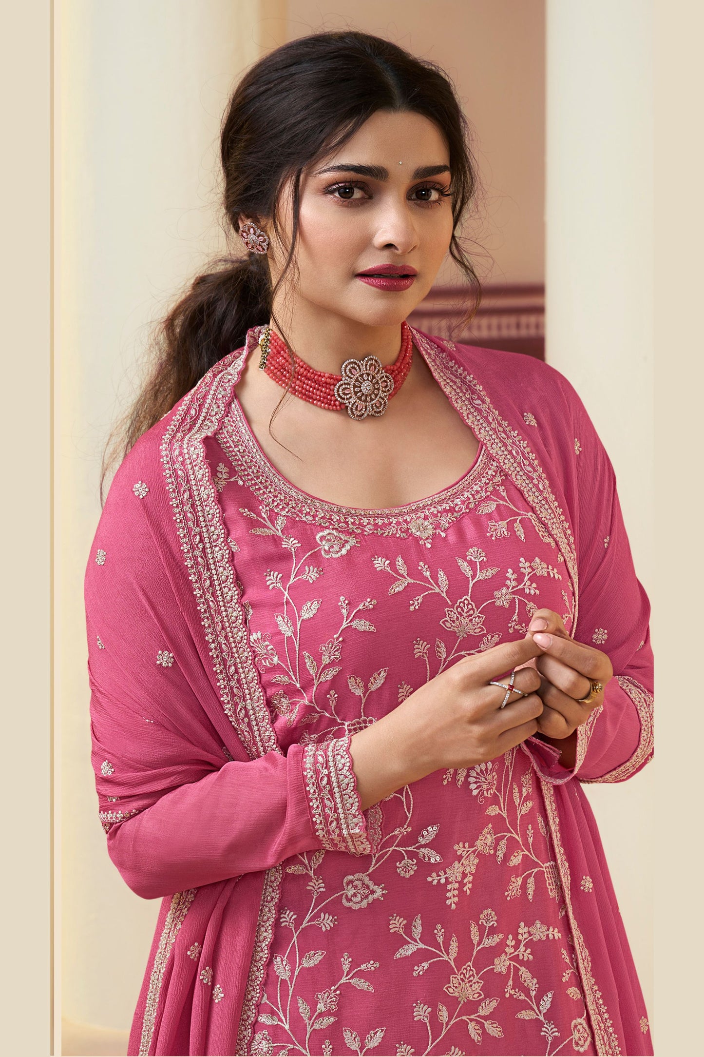 Pink Chinon Silk Palazzo Suit For Indian Festivals & Pakistani Plazo Wedding Dress - Embroidery Work