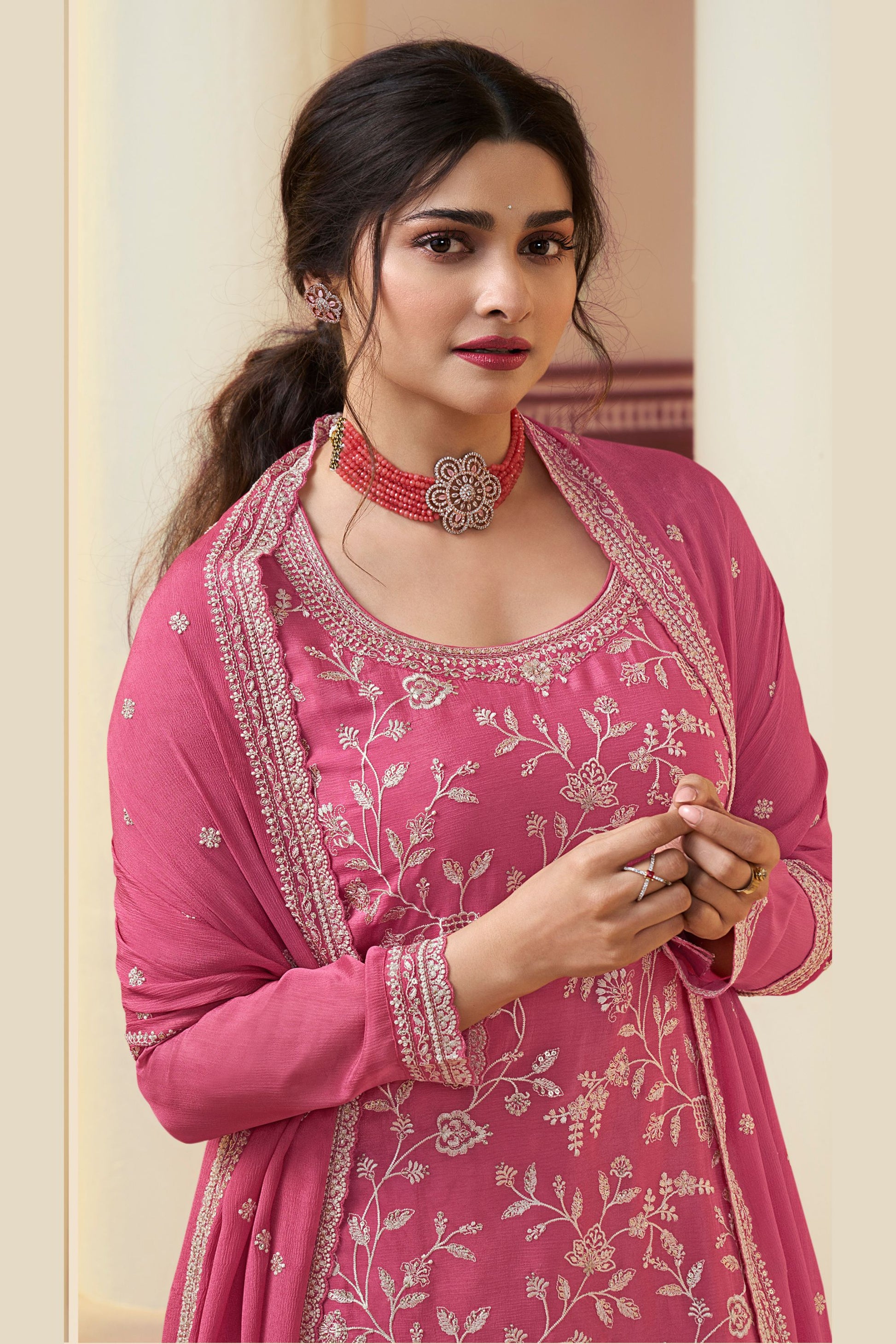 Pink Chinon Silk Palazzo Suit For Indian Festivals & Pakistani Plazo Wedding Dress - Embroidery Work