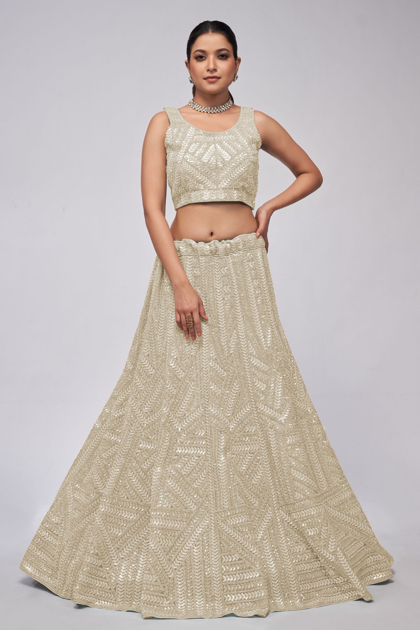 Light Lvory Soft Net Lehenga Choli For Indian Festivals & Weddings - Sequins Work, Dori Work, Zarkan Work