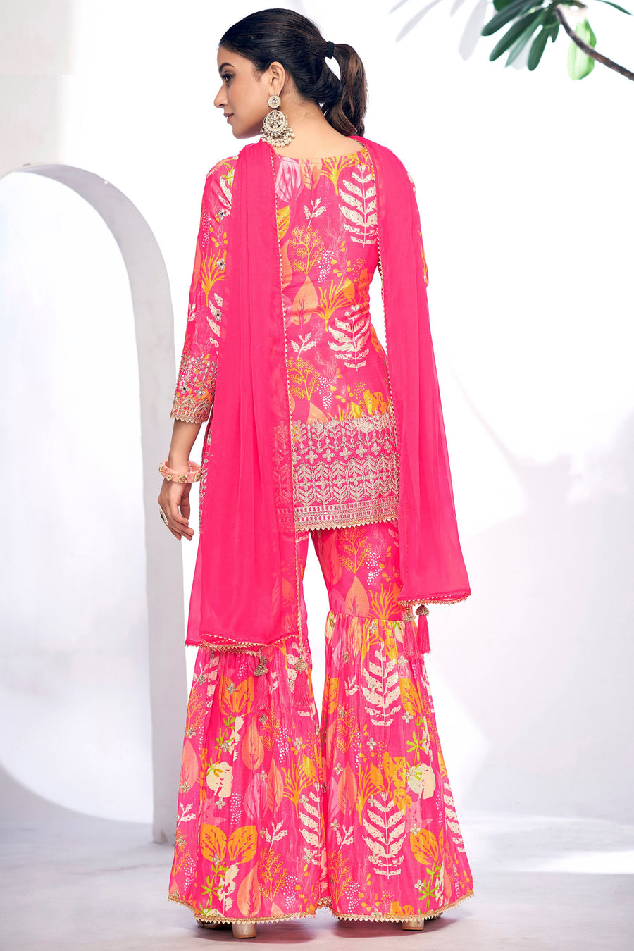 Dark Pink Chinon Silk Sharara Suits Dress for Indian Festival & Pakistani Wedding - Thread & Sequence Embroidery Work, Zari Work, Stone & Mirror Work, Print Work