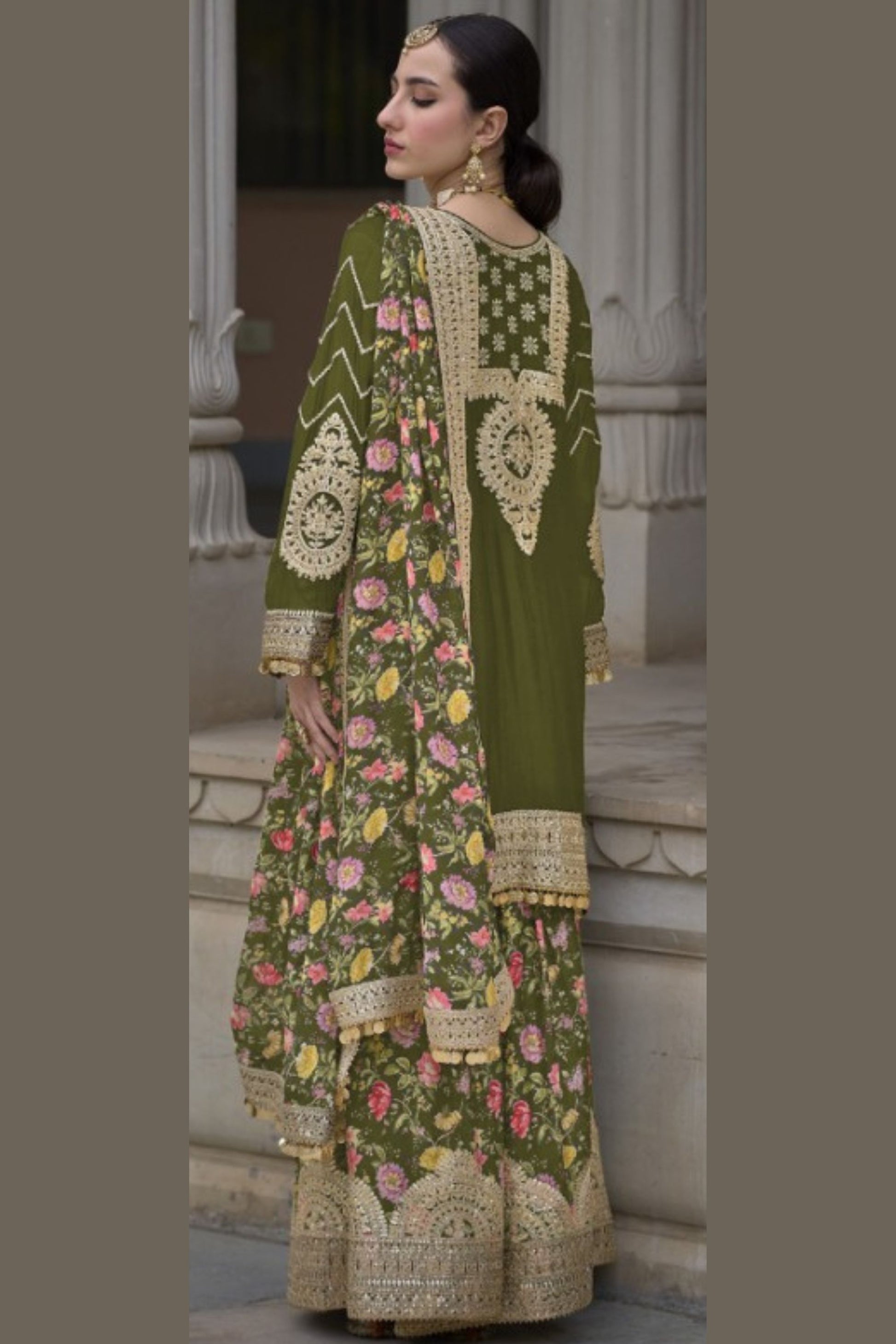 Olive Chinon Silk Kameez with Plazzo And Dupatta For Indian Suit Festivals & Pakistani Weddings - Embroidery Work