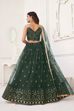 Dark Green Net Lengha Choli For Indian Festivals & Pakistani Weddings Dress - Embroidery Work