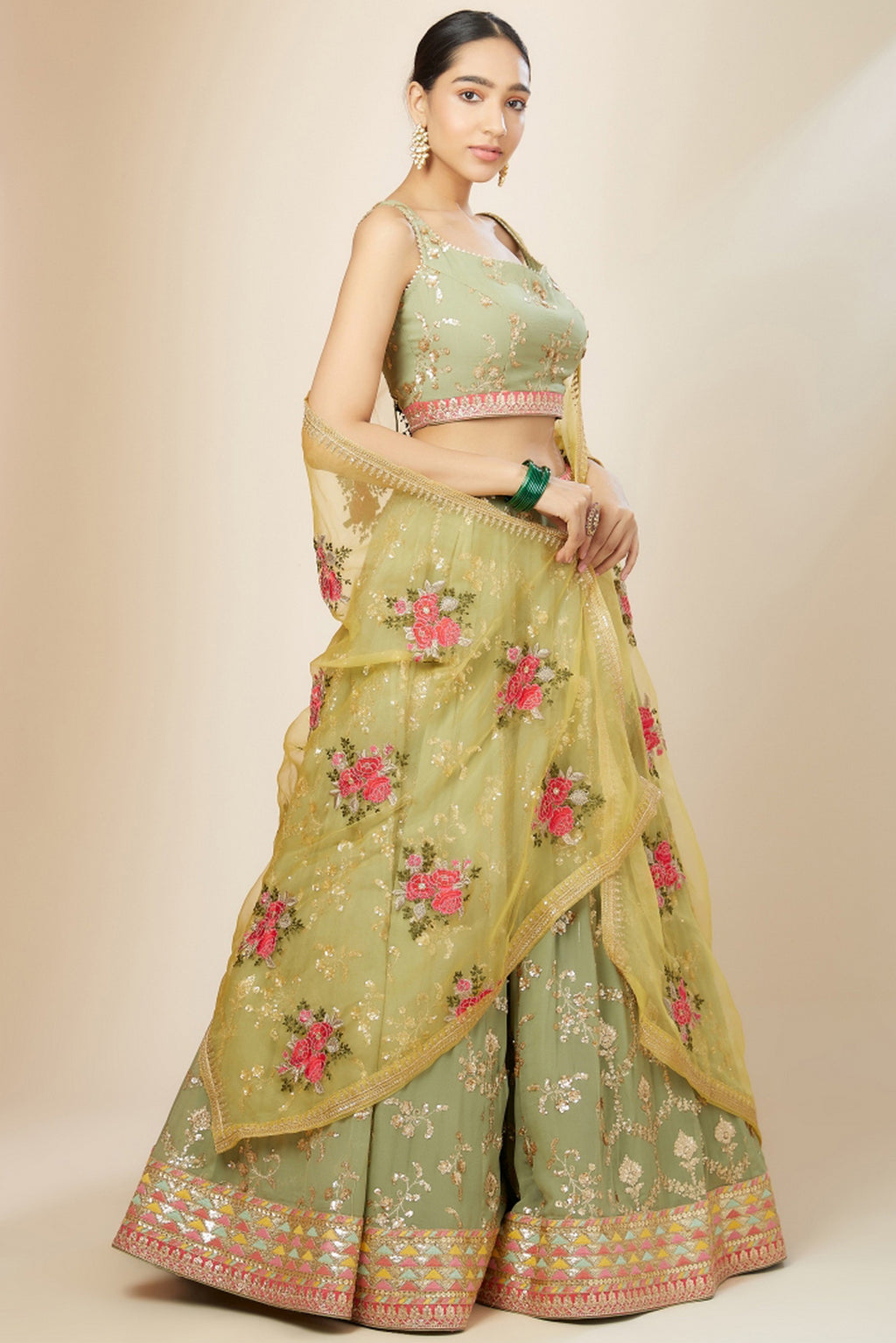 Green Georgette Lehenga Choli For Indian & Pakistani Wedding Festival - Thread Embroidery Work, Sequence Embroidery Work, Print Work, Zari Work