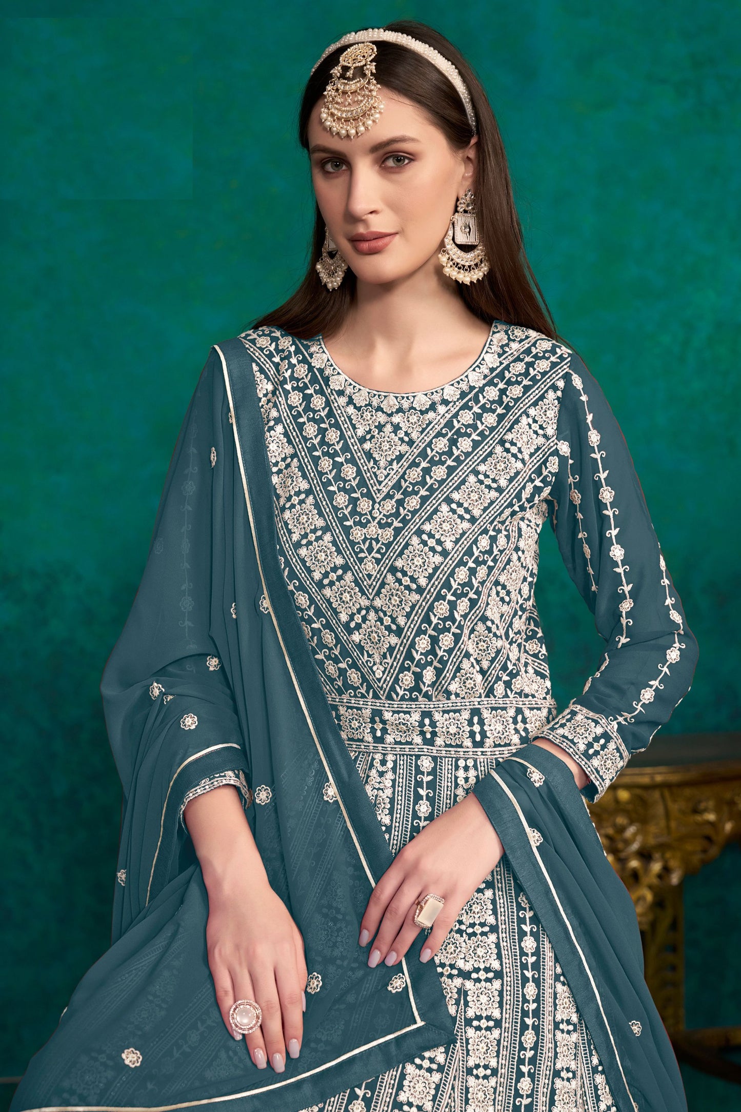 Teal Georgette Full Floor Length Anarkali Dress For Indian Festivals & Weddings - Lucknowi Work