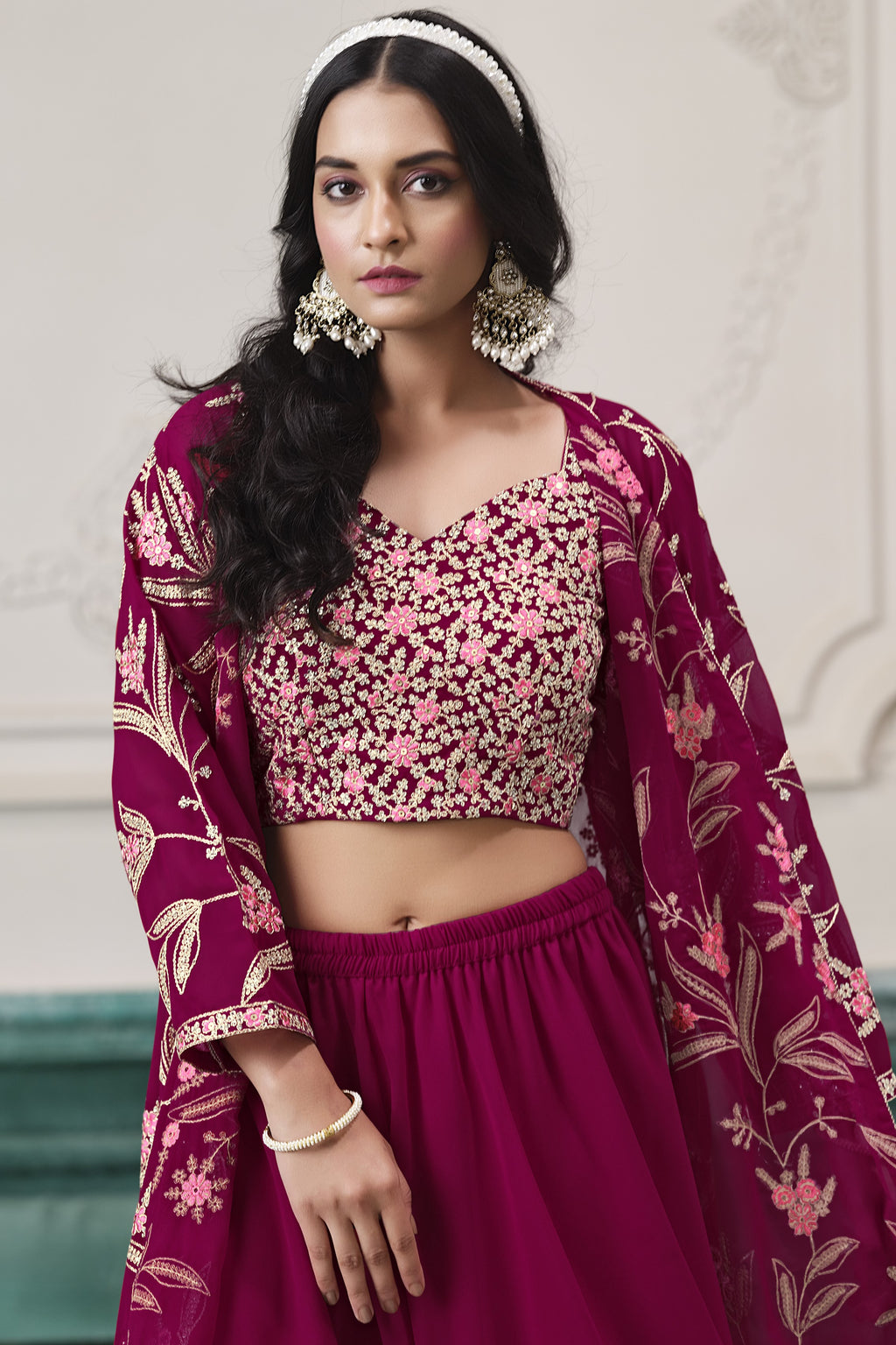 Red Maroon Georgette Palazzo with Choli & Jacket For Wedding & Indian Festival - Embroidery Work