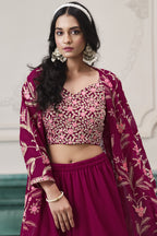 Red Maroon Georgette Palazzo with Choli & Jacket For Wedding & Indian Festival - Embroidery Work