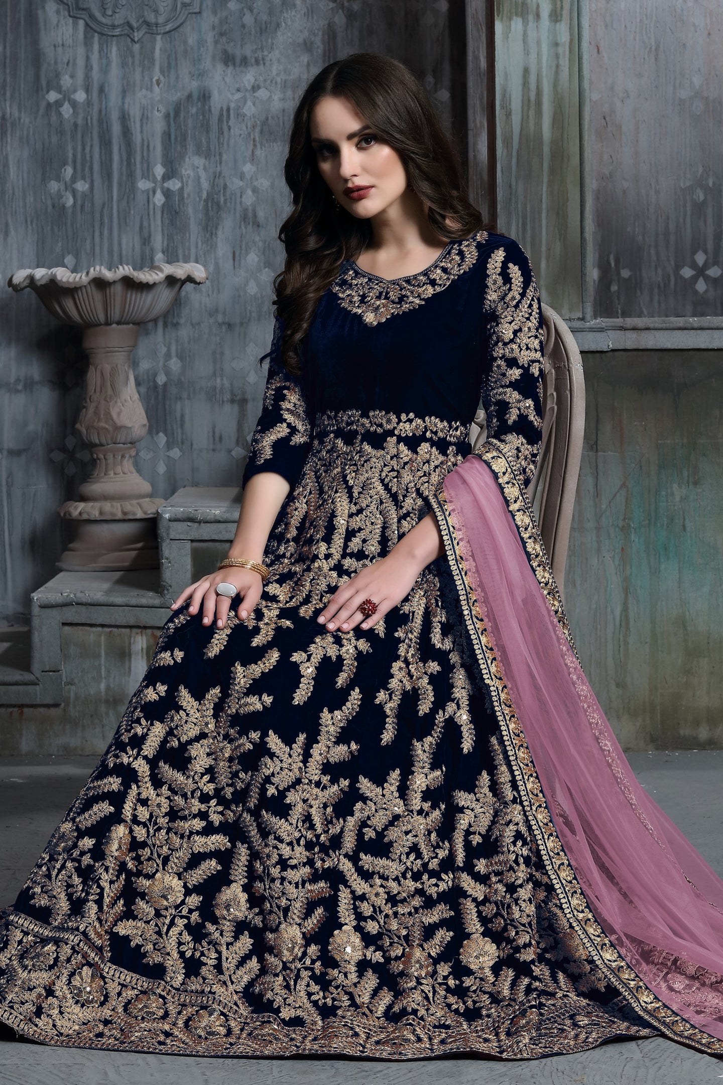 Light Navy Blue Embroidery Anarkali Velvet Suit Women