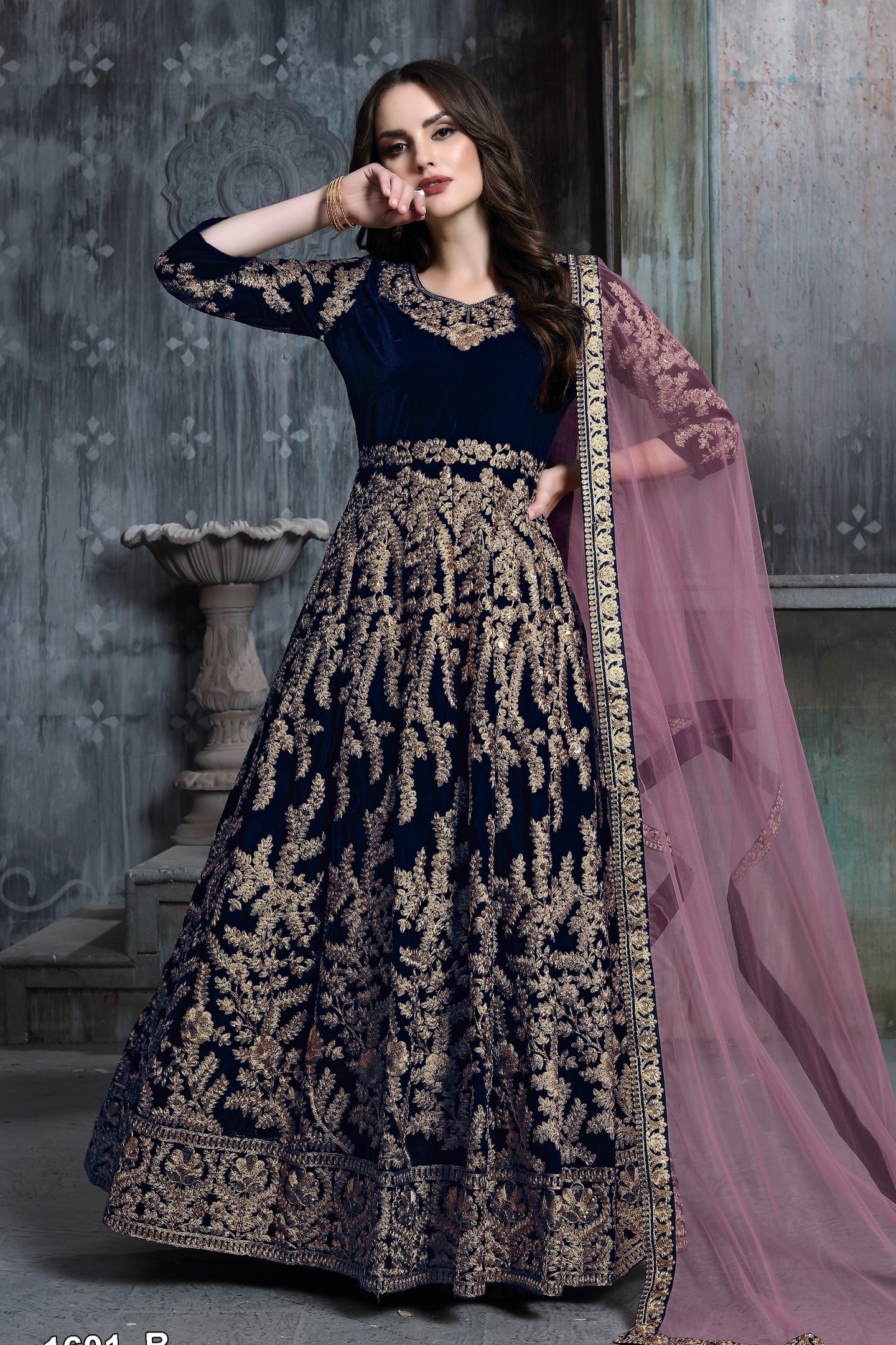 Light Navy Blue Embroidery Anarkali Velvet Suit Women