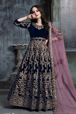 Light Navy Blue Embroidery Anarkali Velvet Suit Women