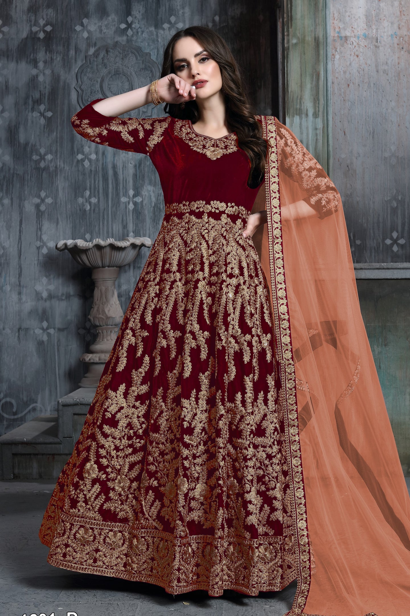 Maroon Velvet Suit Women Anarkali with Embroidery Work