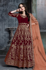 Maroon Velvet Suit Women Anarkali with Embroidery Work