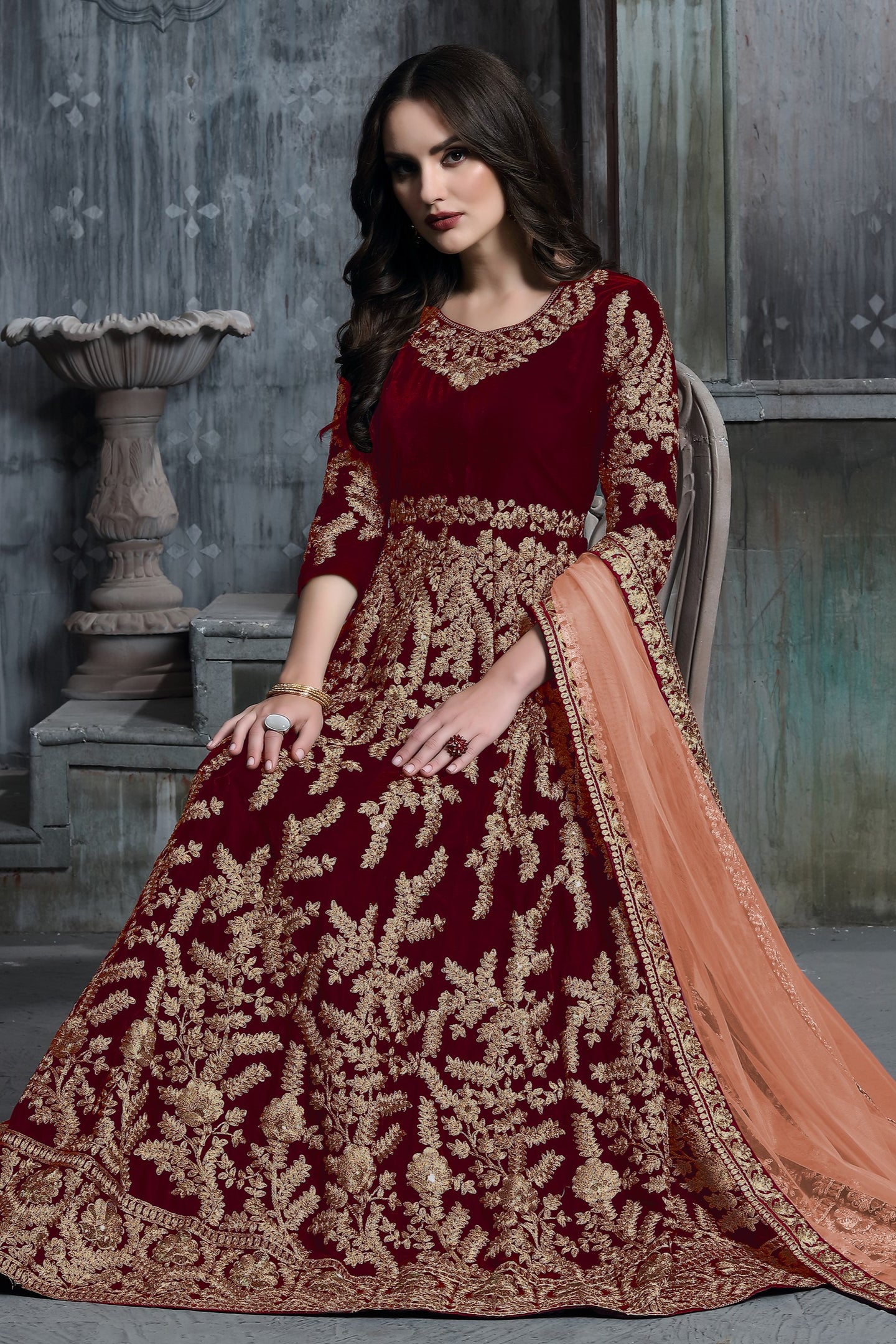 Maroon Velvet Suit Women Anarkali with Embroidery Work