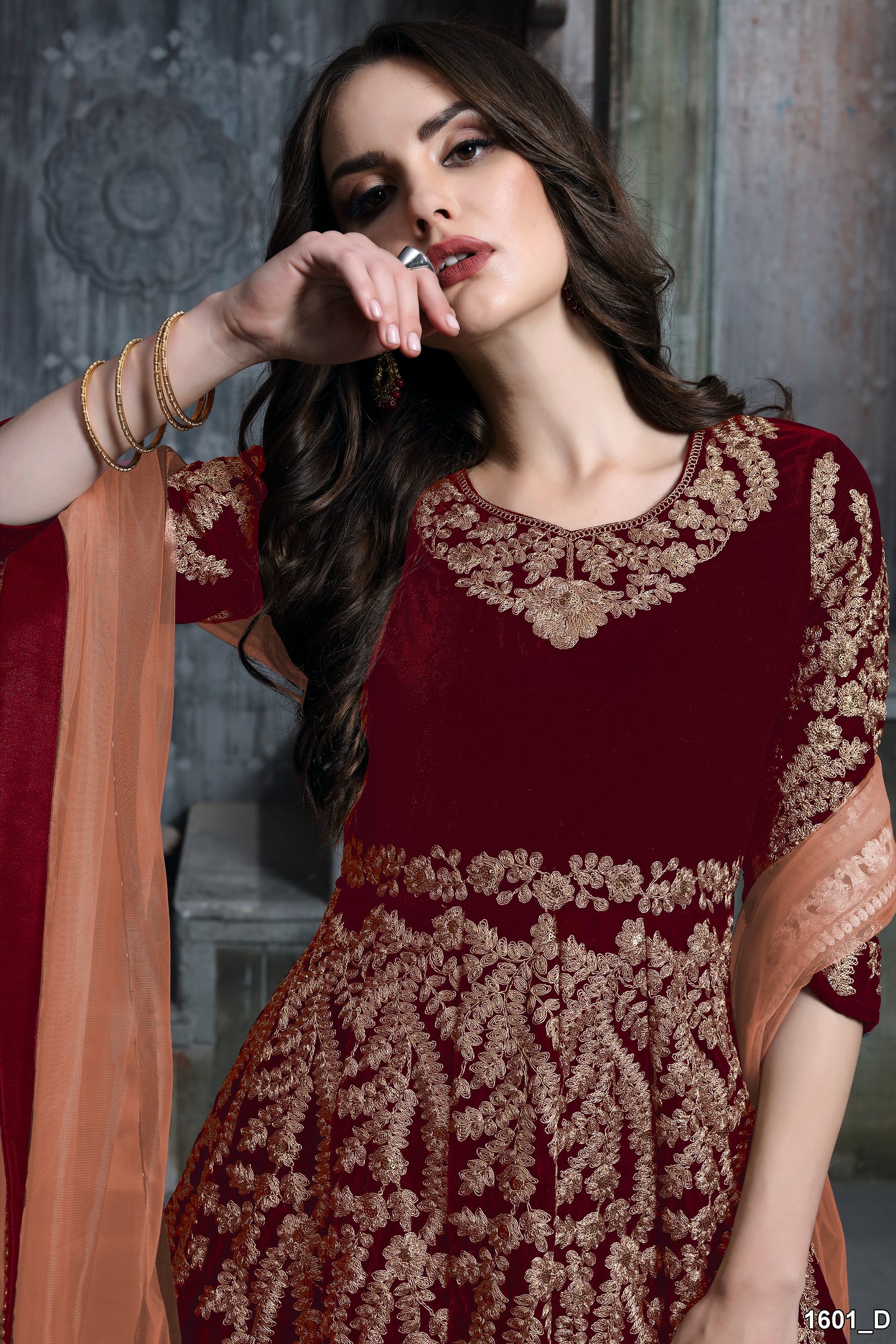 Maroon Velvet Suit Women Anarkali with Embroidery Work