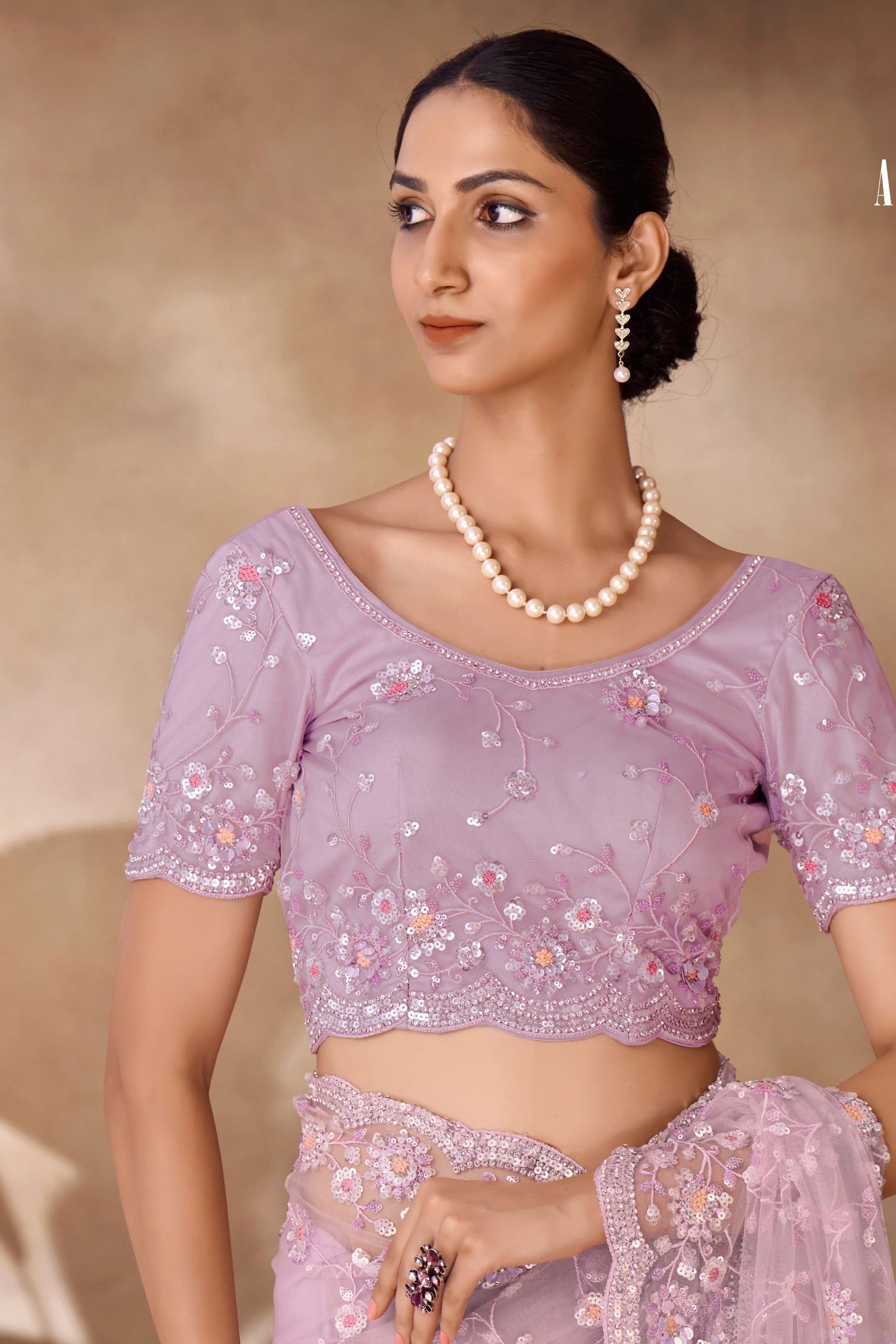 Lilac Net Indian Saree with Blouse for Festival & Weddings - Sequence Embroidery Work, Thread Embroidery Work, Zarkan Work