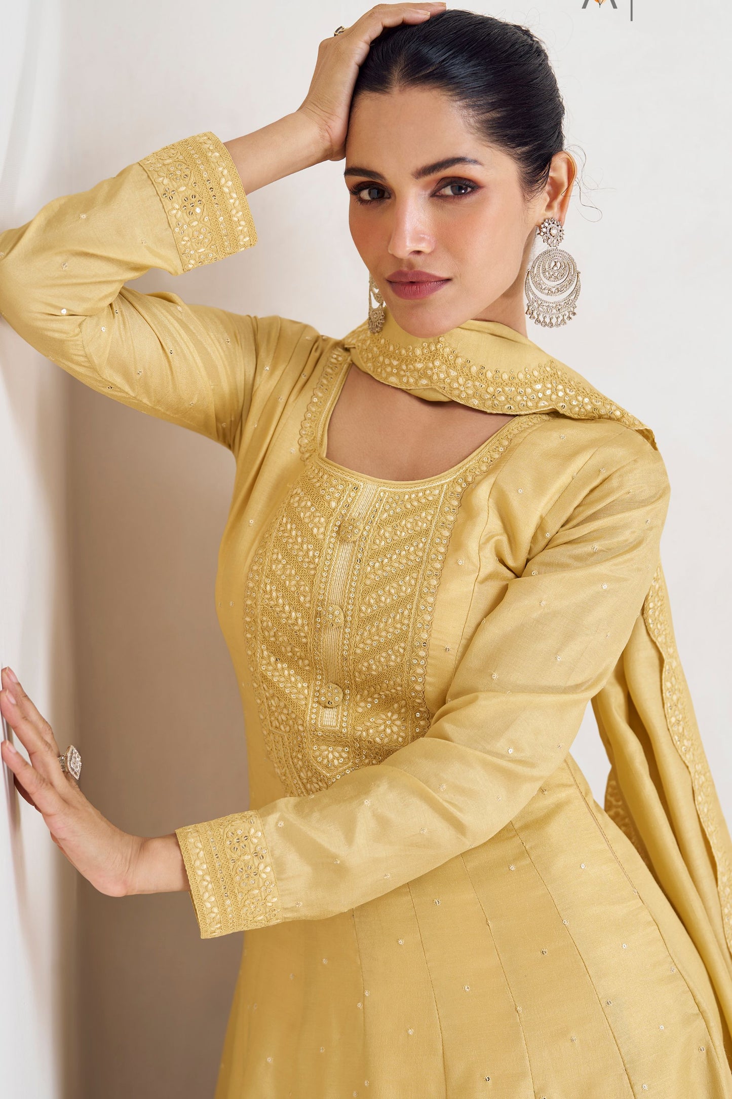 Mustard Silk Anarkali Gown Suit For Indian Festivals & Weddings - Embroidery Work