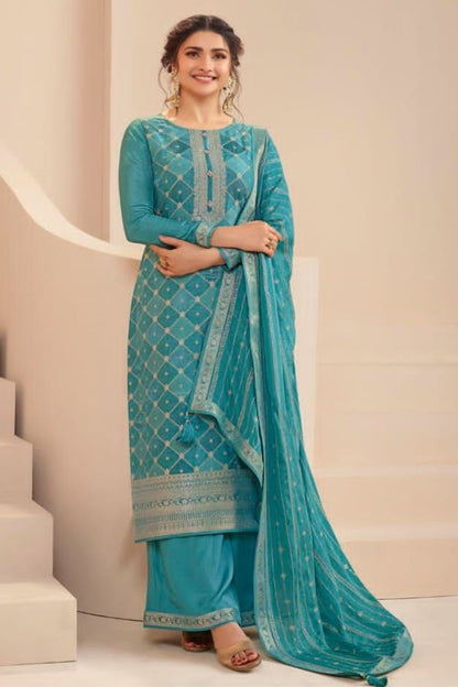 Cyan Zari Dola Jacquard Salwar Kameez Suit For Indian Festivals & Pakistani Weddings Dress