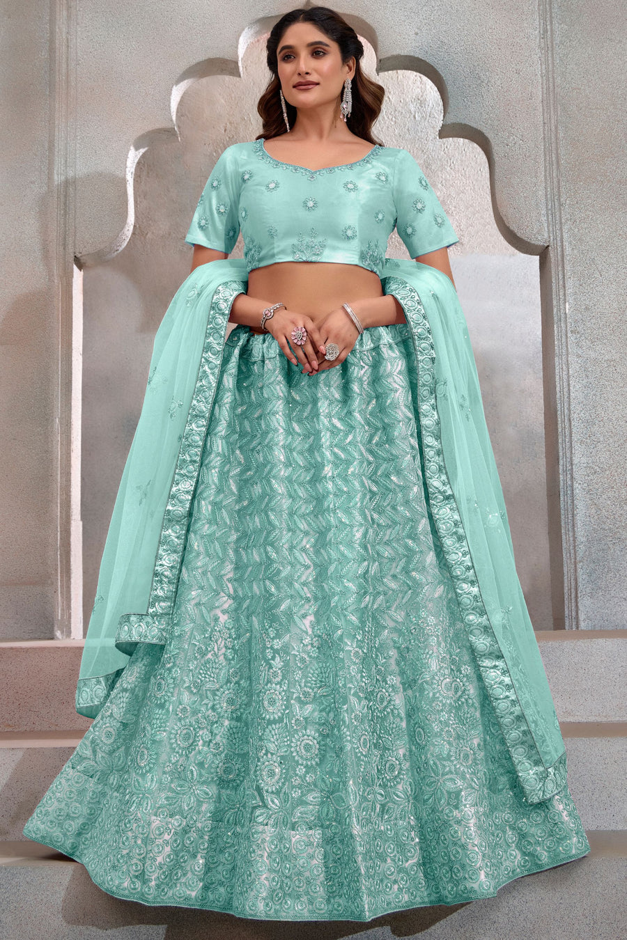 Cyan Net Lehenga Choli For Indian Festival & Weddings - Thread Embroidery Work, Sequence Embroidery Work