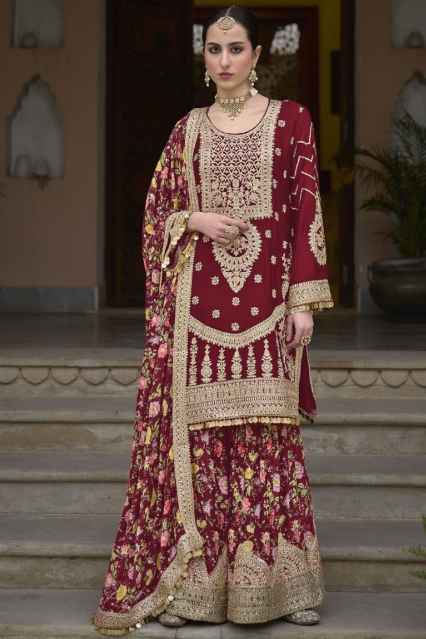 Maroon Chinon Silk Kameez with Plazzo And Dupatta For Indian Suit Festivals & Pakistani Weddings - Embroidery Work