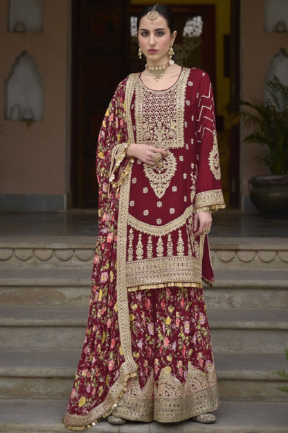 Maroon Chinon Silk Kameez with Plazzo And Dupatta For Indian Suit Festivals & Pakistani Weddings - Embroidery Work