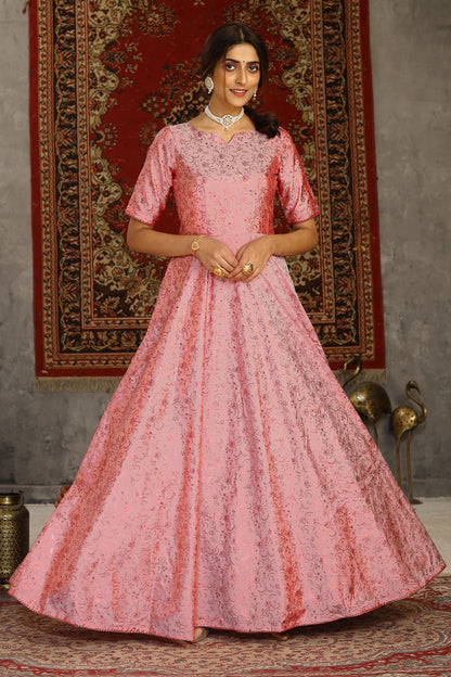 Pink Pakistani Tafetta Anarkali Gown For Indian Festivals & Weddings - Foil Work