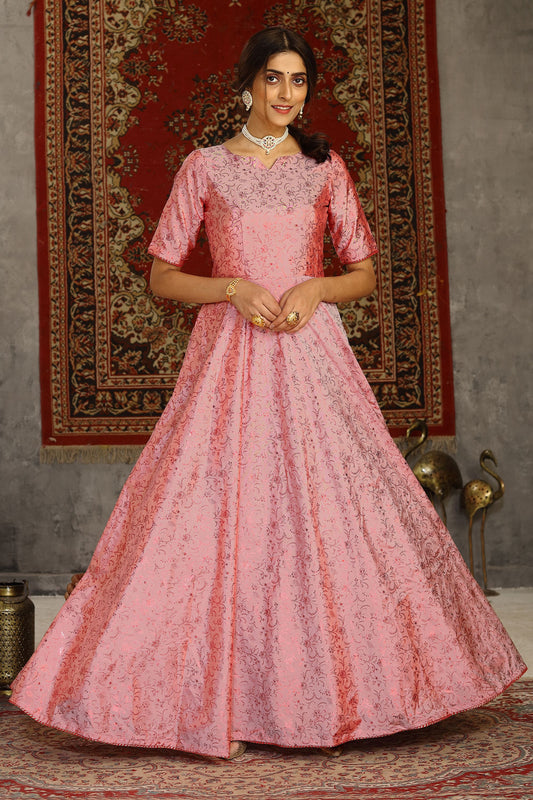 Pink Pakistani Tafetta Anarkali Gown For Indian Festivals & Weddings - Foil Work