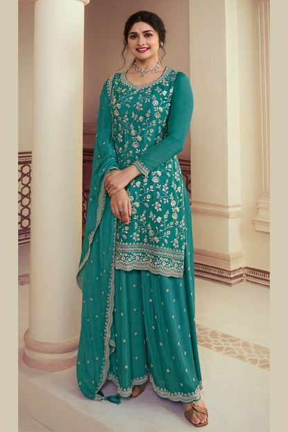 Teal Chinon Silk Palazzo Suit For Indian Festivals & Pakistani Plazo Wedding Dress - Embroidery Work