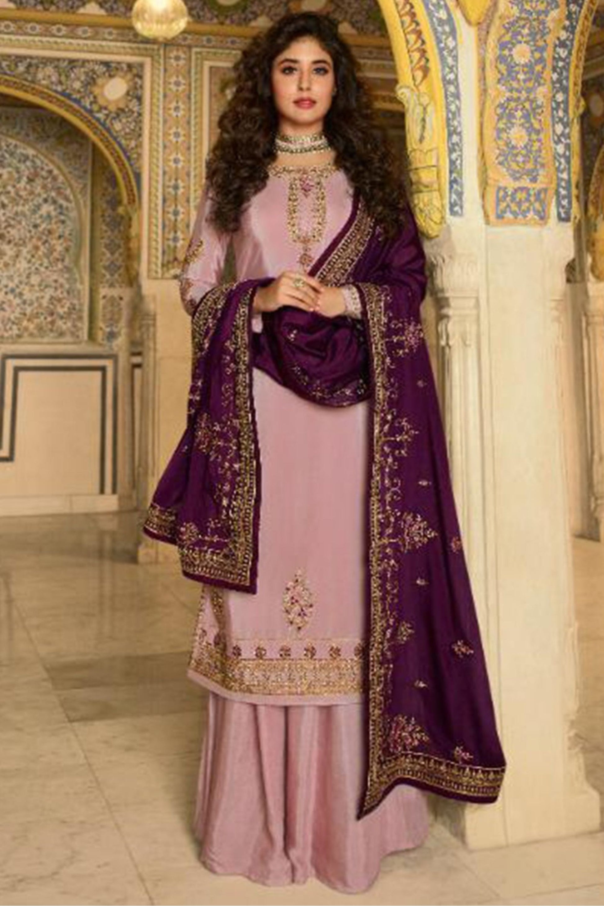 Baby Pink Satin Kameez with Plazzo Suit For Indian Festivals & Pakistani Weddings - Thread Embroidery Work, Sequence Embroidery Work