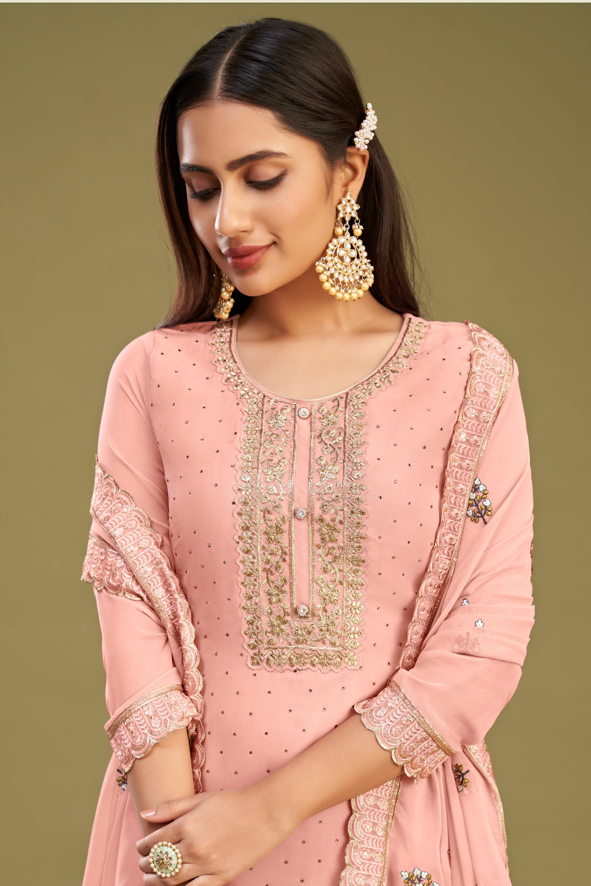 Peach Georgette Plus Size Upto 7XL Size Salwar Kameez For Indian Festivals & Pakistani Weddings - Thread Embroidery Work, Swarovski Work