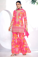 Dark Pink Chinon Silk Gharara Dress for Reception - Thread & Sequence Embroidery Work, Zari Work, Stone & Mirror Work, Print Work