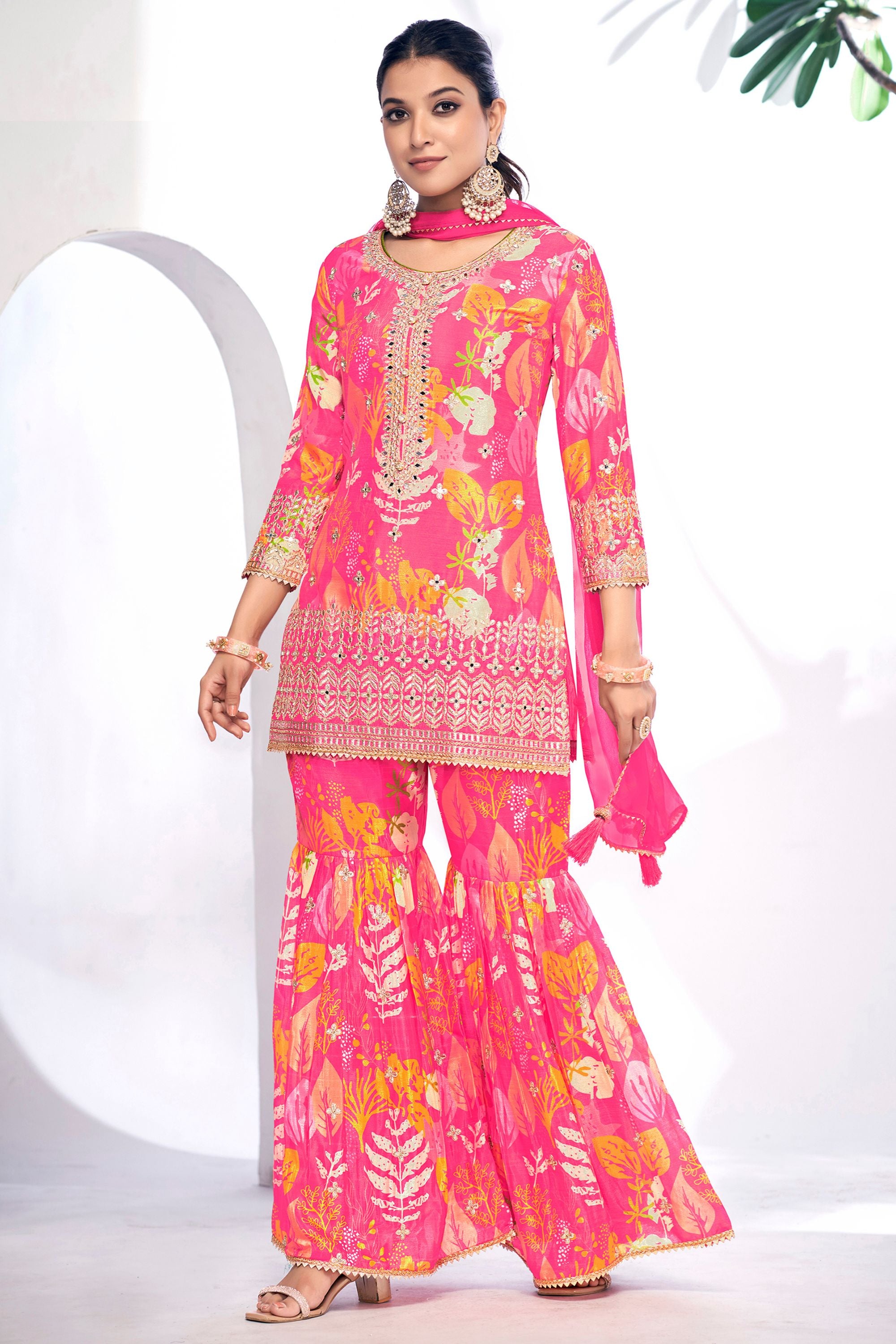 Dark Pink Chinon Silk Sharara Suits Dress for Indian Festival & Pakistani Wedding - Thread & Sequence Embroidery Work, Zari Work, Stone & Mirror Work, Print Work