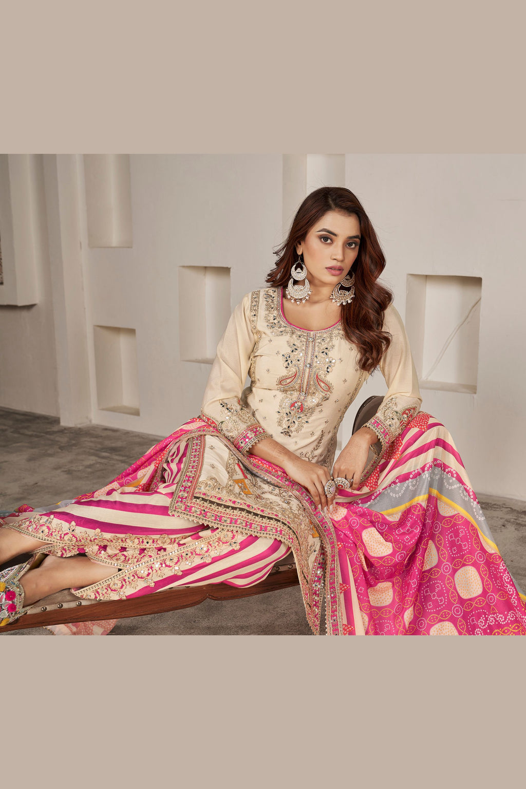 Cream Chinon Silk Salwar Kameez with Dhoti Tulip for Indian Festival & Pakistani Wedding - Sequence Embroidery Work, Dori Work, Print Work, Mirror Work