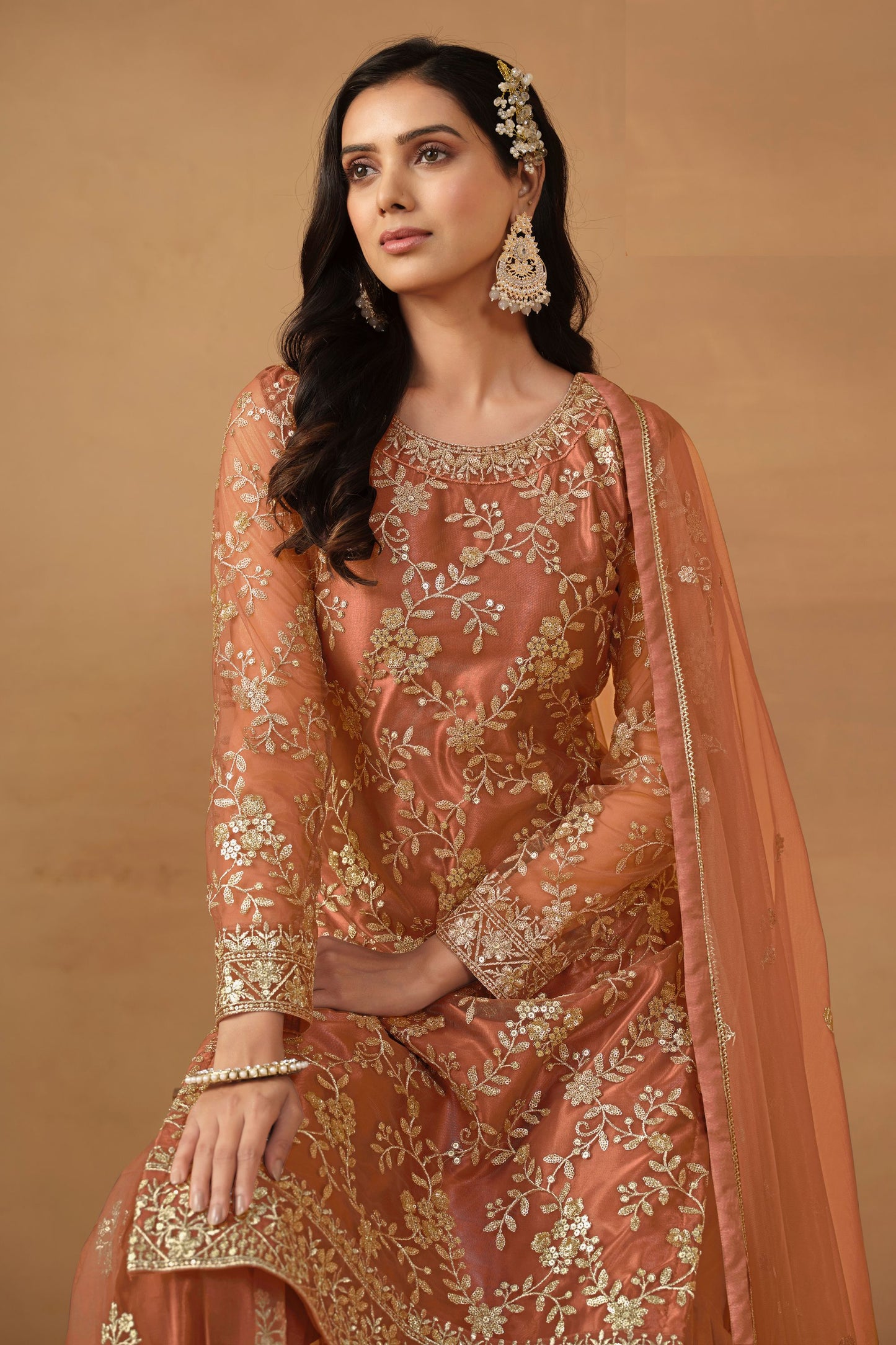 Peach Net Sharara Suit Dress For Indian Festivals & Weddings - Thread & Sequence Embroidery Work