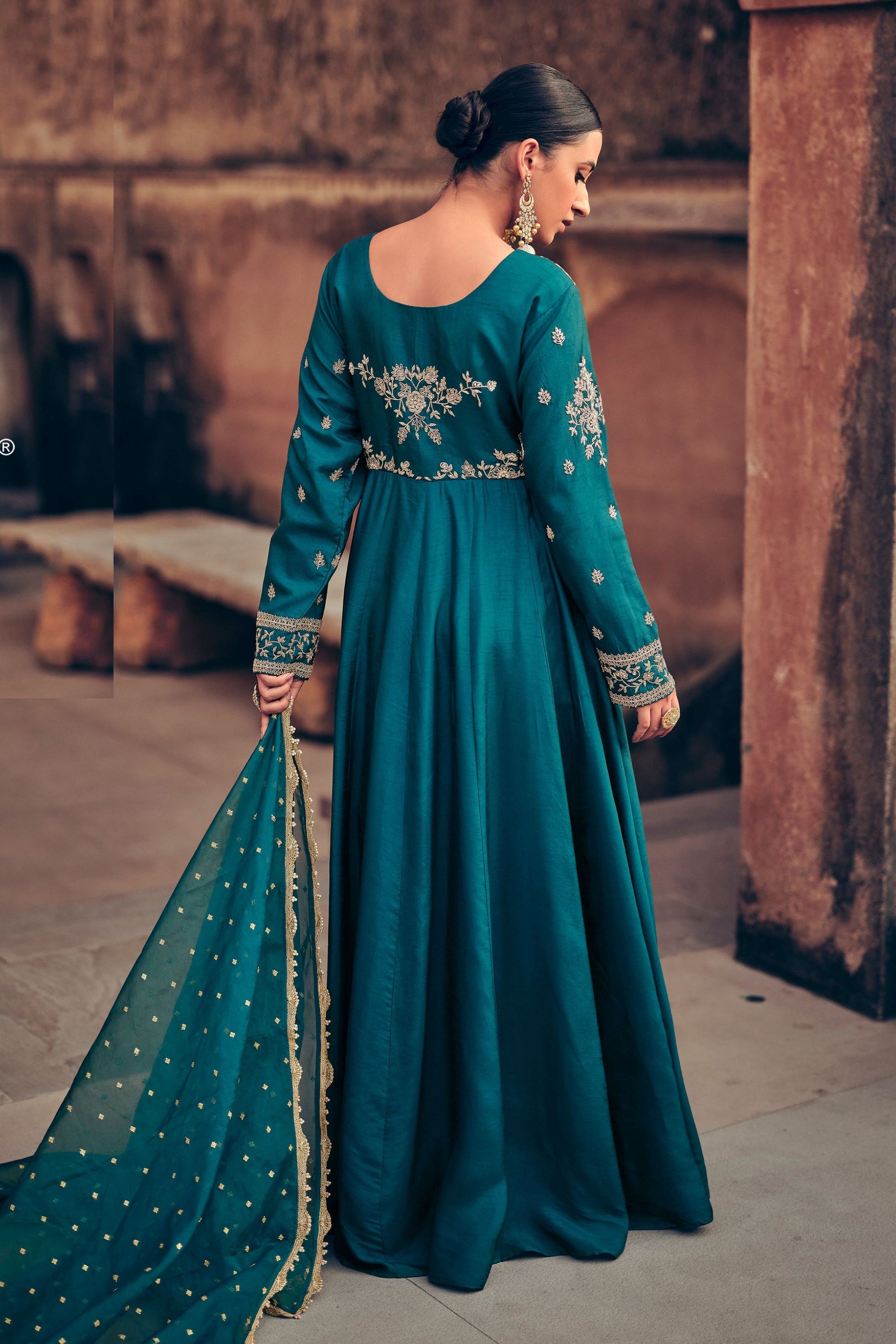 Teal Silk Georgette Floor Full Length Embroidered Anarkali Gown For Indian Festivals & Pakistani Weddings - Embroidery Work