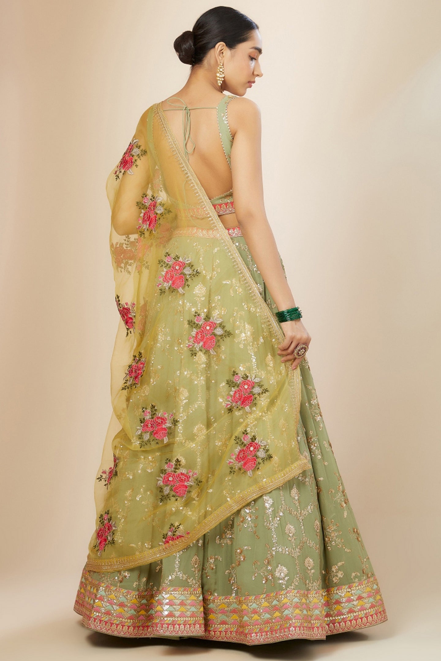 Green Georgette Lehenga Choli For Indian & Pakistani Wedding Festival - Thread Embroidery Work, Sequence Embroidery Work, Print Work, Zari Work