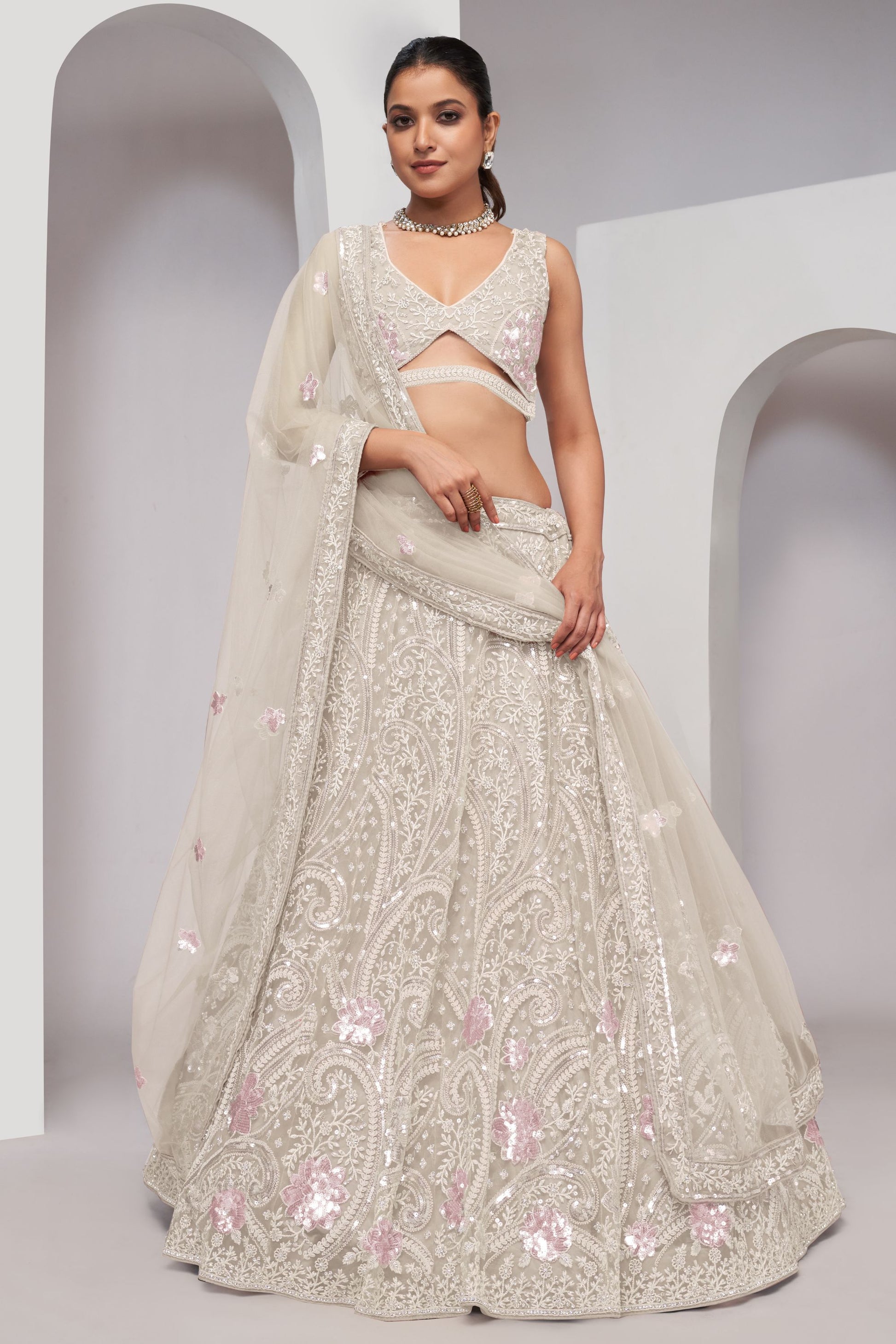 Off White Soft Net Lehenga Choli For Indian Festivals & Weddings - Sequins Work, Thread Work