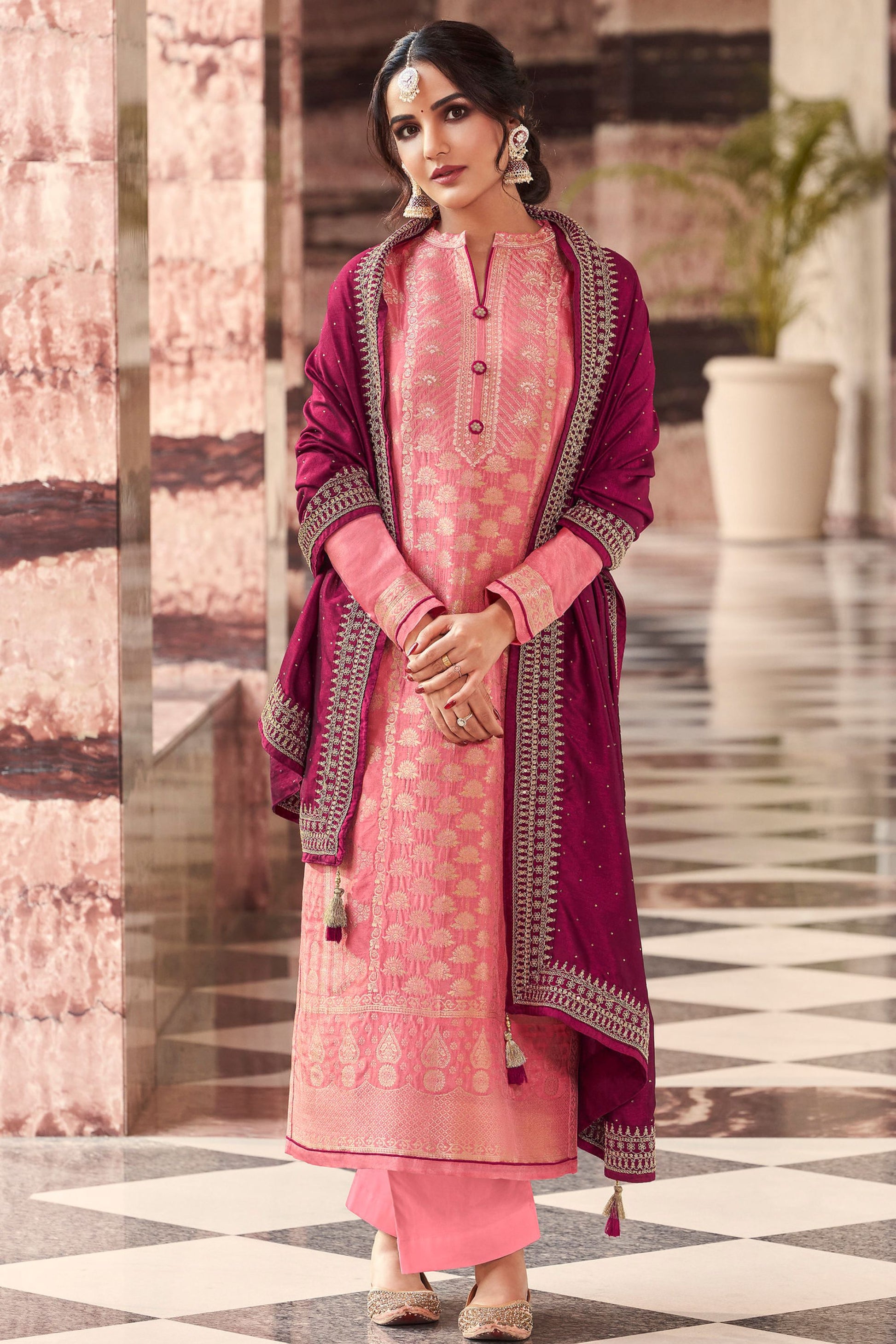 Baby Pink Jacquard Silk Kameez With Pant For Indian Suit Festivals & Pakistani Weddings Dress - Embroidery Work