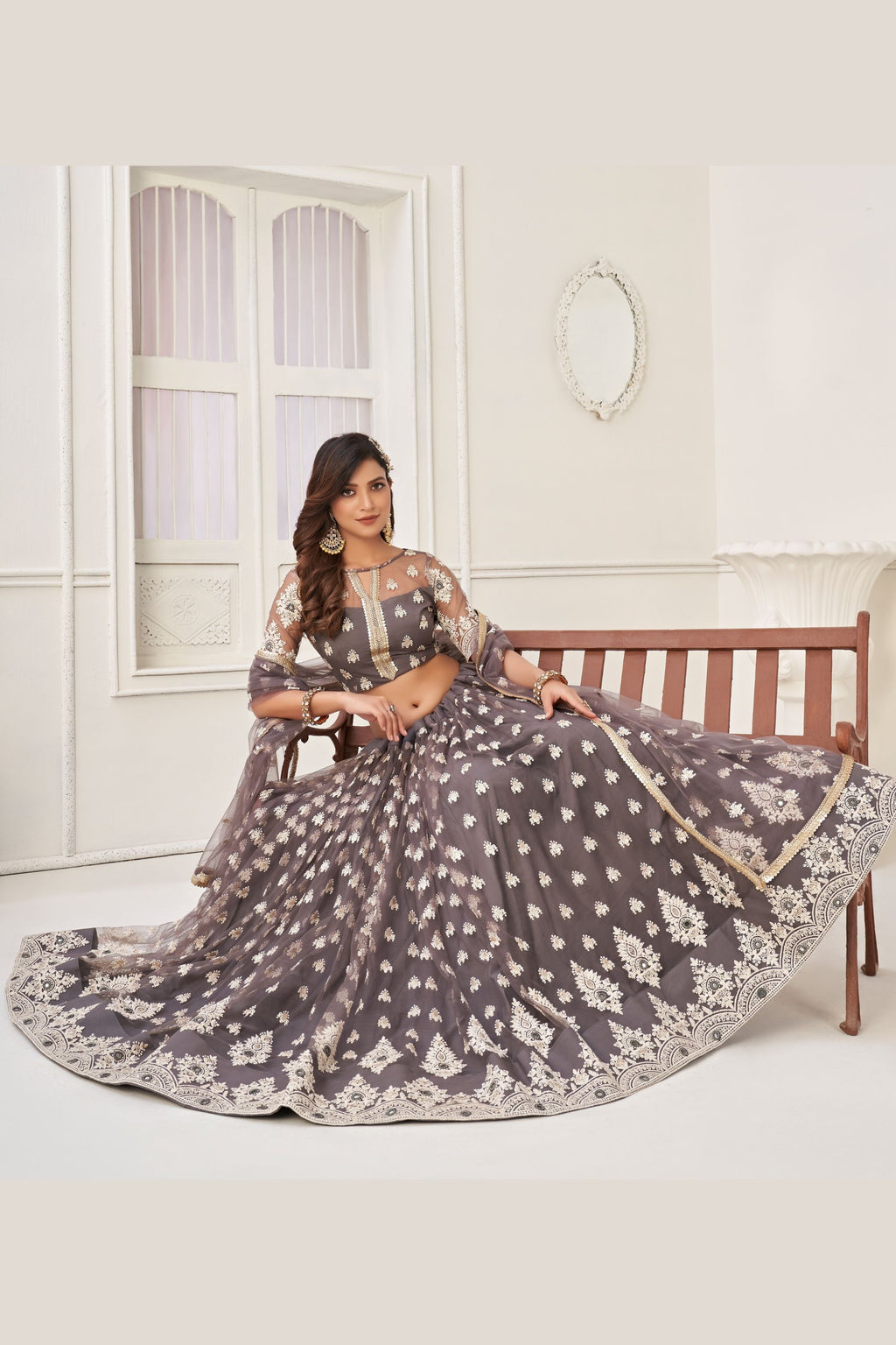 Light Brown Net Embroidered Lehenga Choli For Indian Festival & Weddings - Embroidery Work