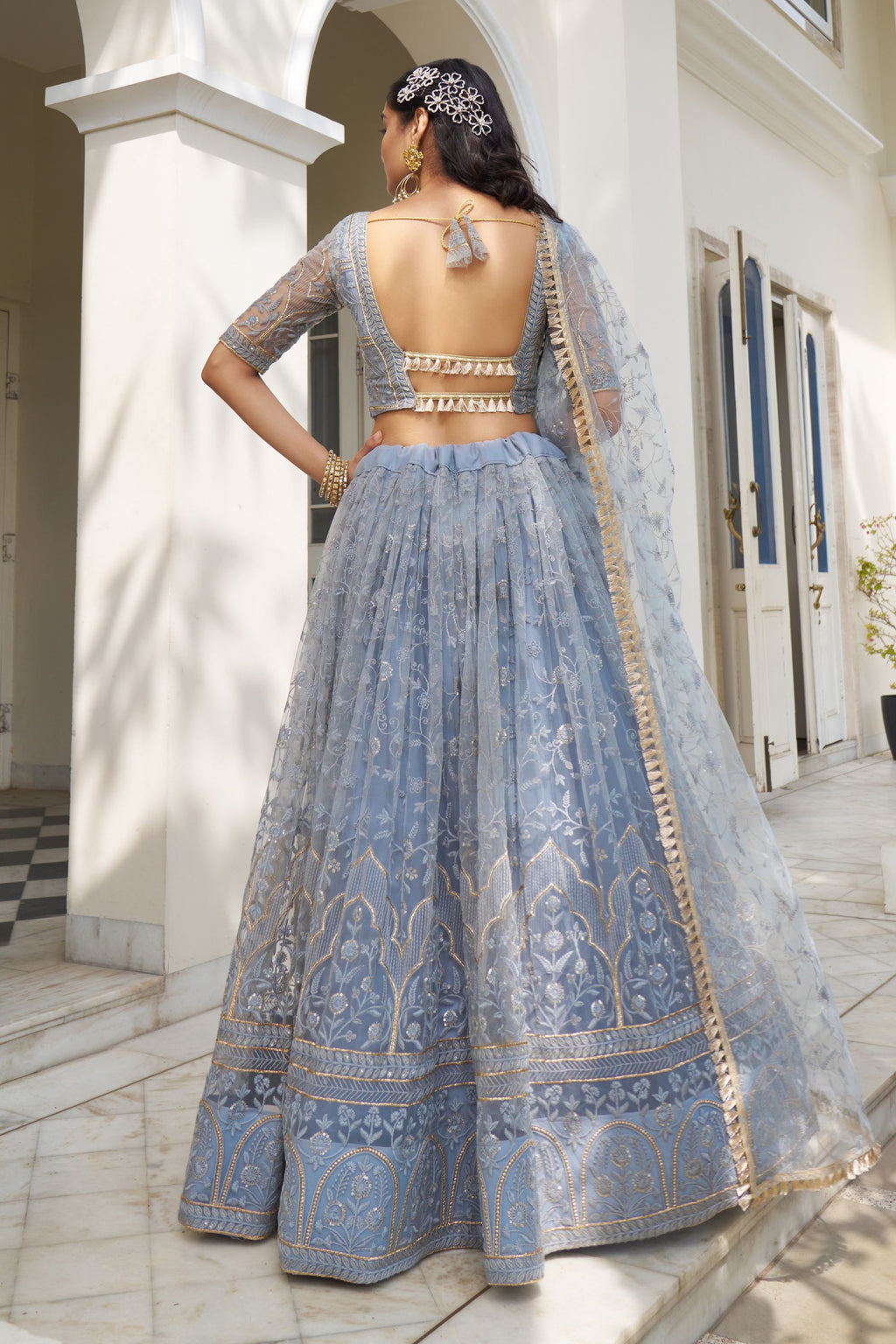 Blue Gray Net Embroidered Lehenga Choli For Indian Festival & Weddings - Thread Embroidery Work, Sequence Embroidery Work