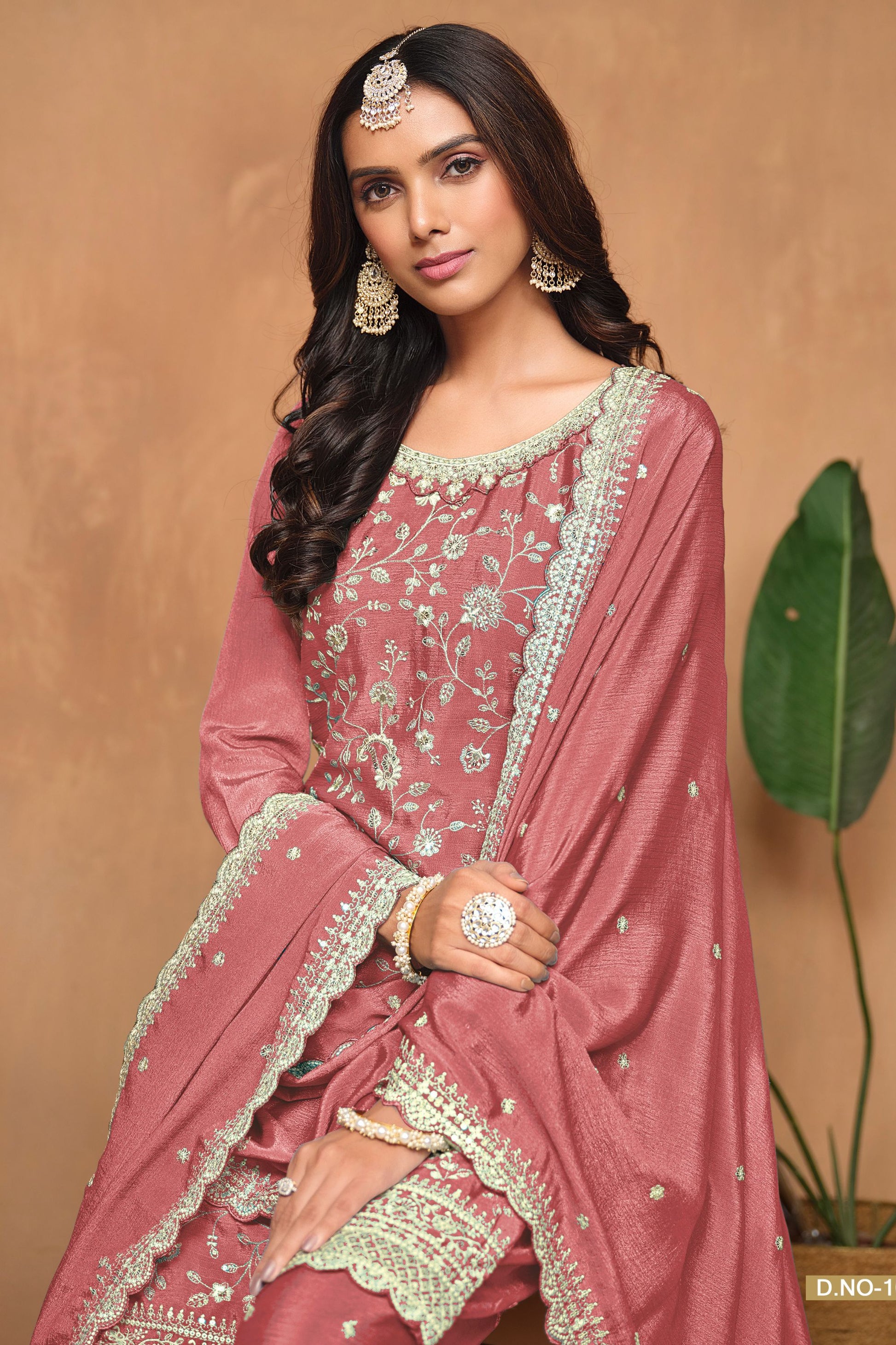 Hot Pink Chinon Silk Palazzo Suit For Indian Festivals & Weddings - Embroidery Work