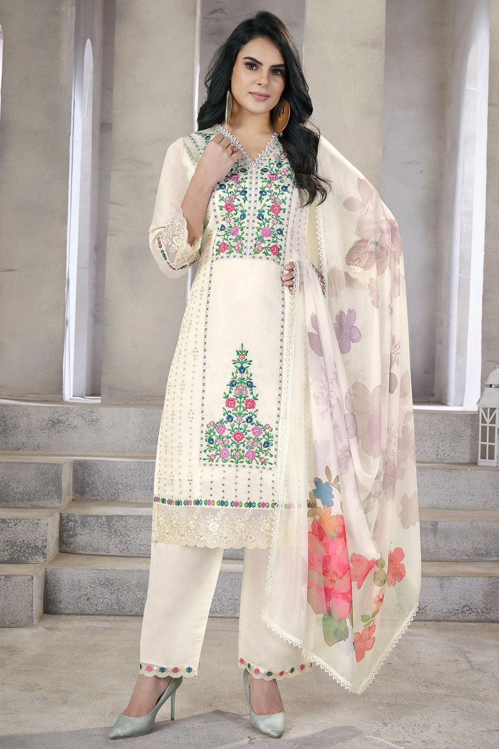 White Viscose Silk Kameez with Pant Suit For Indian Festivals & Pakistani Weddings - Embroidery Work. Print Work
