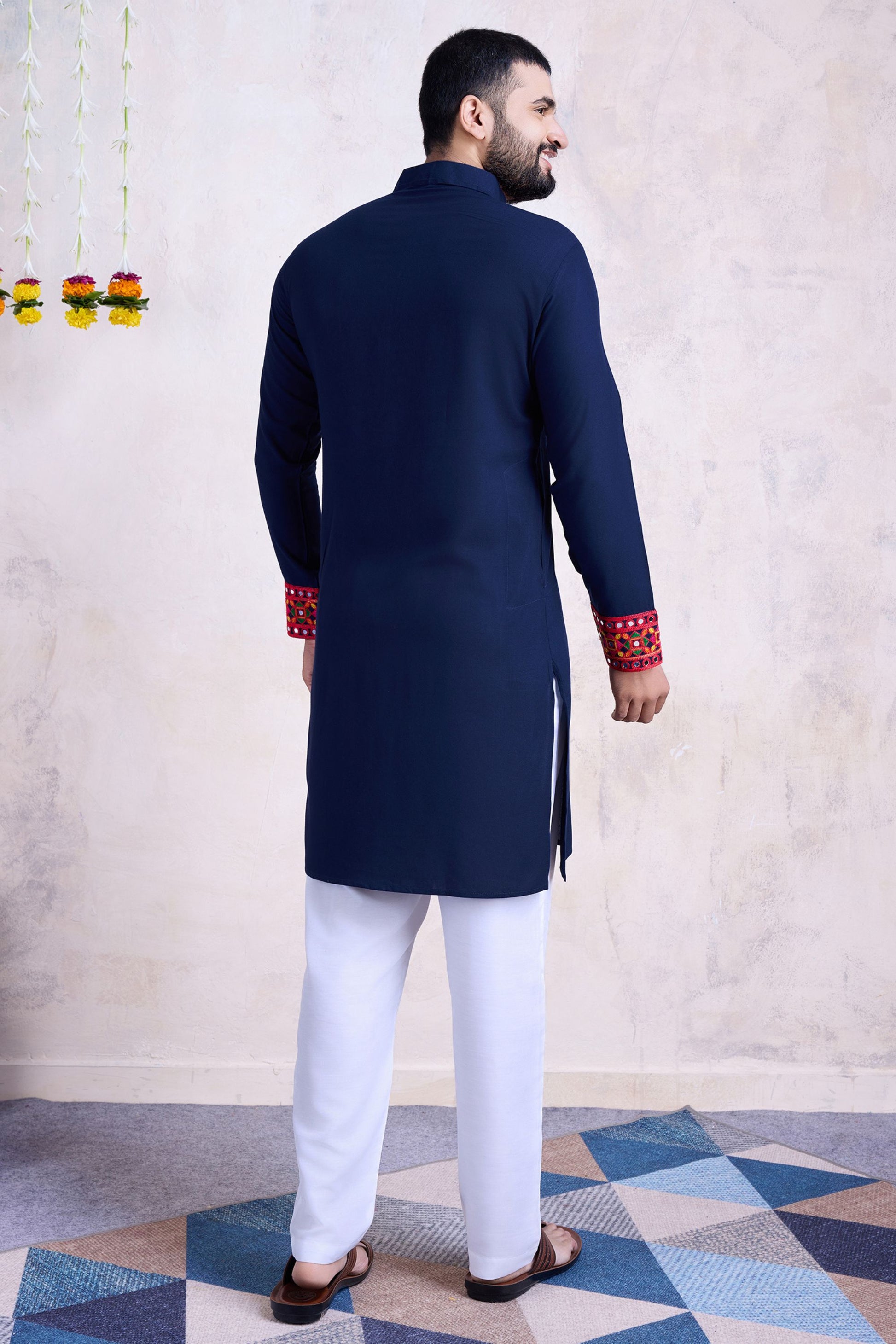 Navy Blue Rayon Kurta Pyjama for Men For Navratri Garba Festivals - Embroidery Work, Real Mirror Work