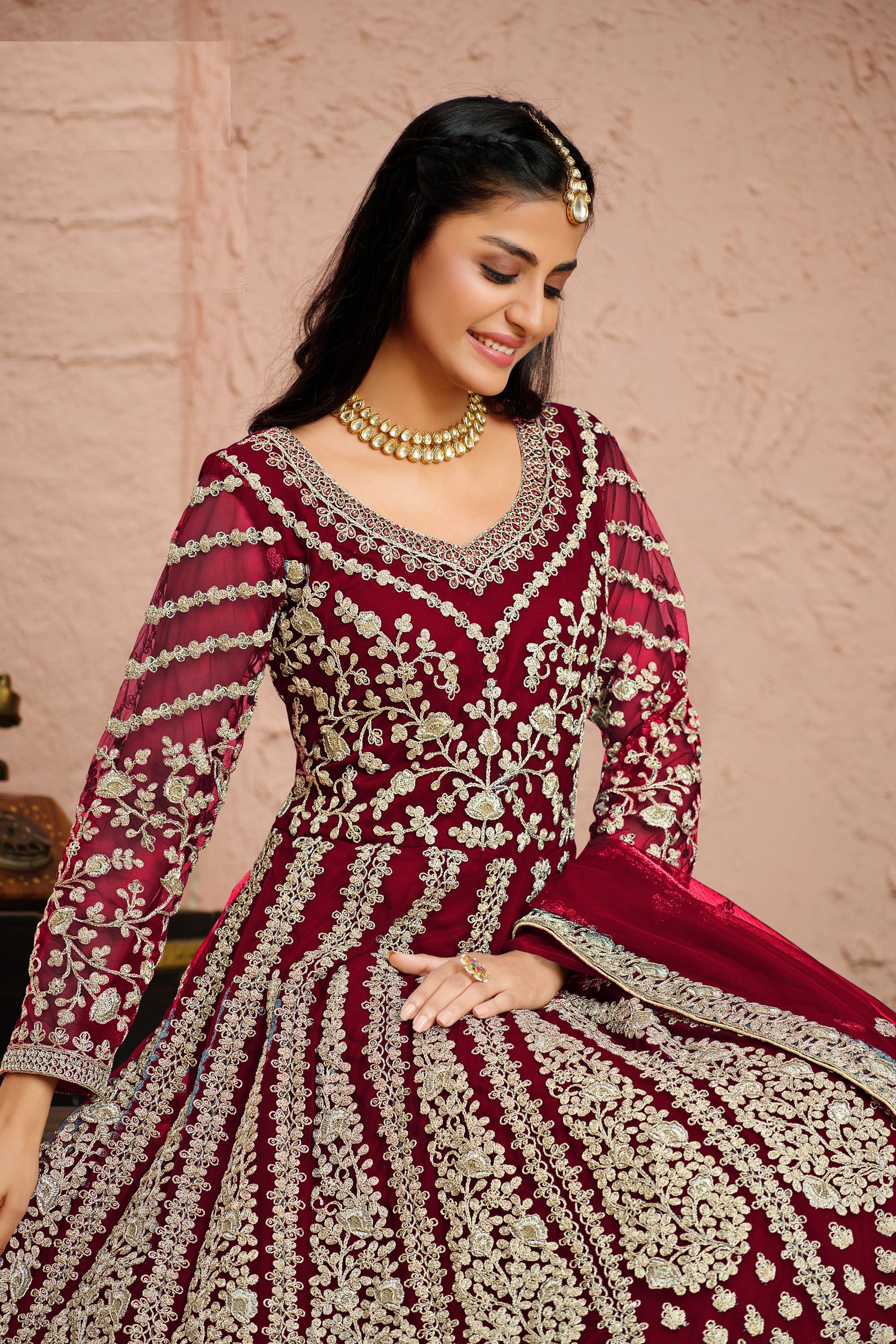 Dark Pink Net Full Floor Length Anarkali Dress For Indian Festivals & Weddings - Embroidery Work