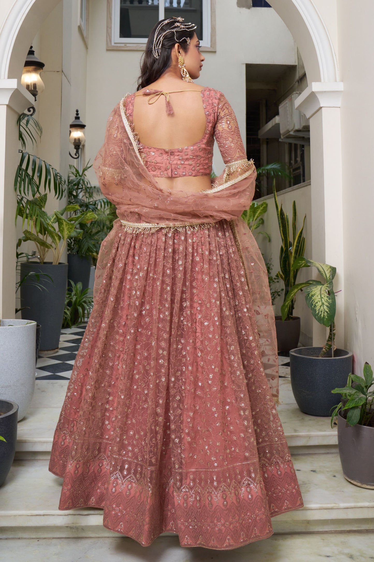 Peach Net Embroidered Lehenga Choli For Indian Festival & Weddings - Embroidery Work