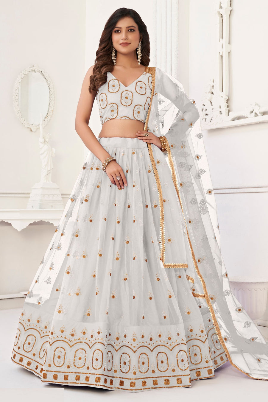 White Net Lengha Choli For Indian Festivals & Pakistani Weddings Dress - Embroidery Work