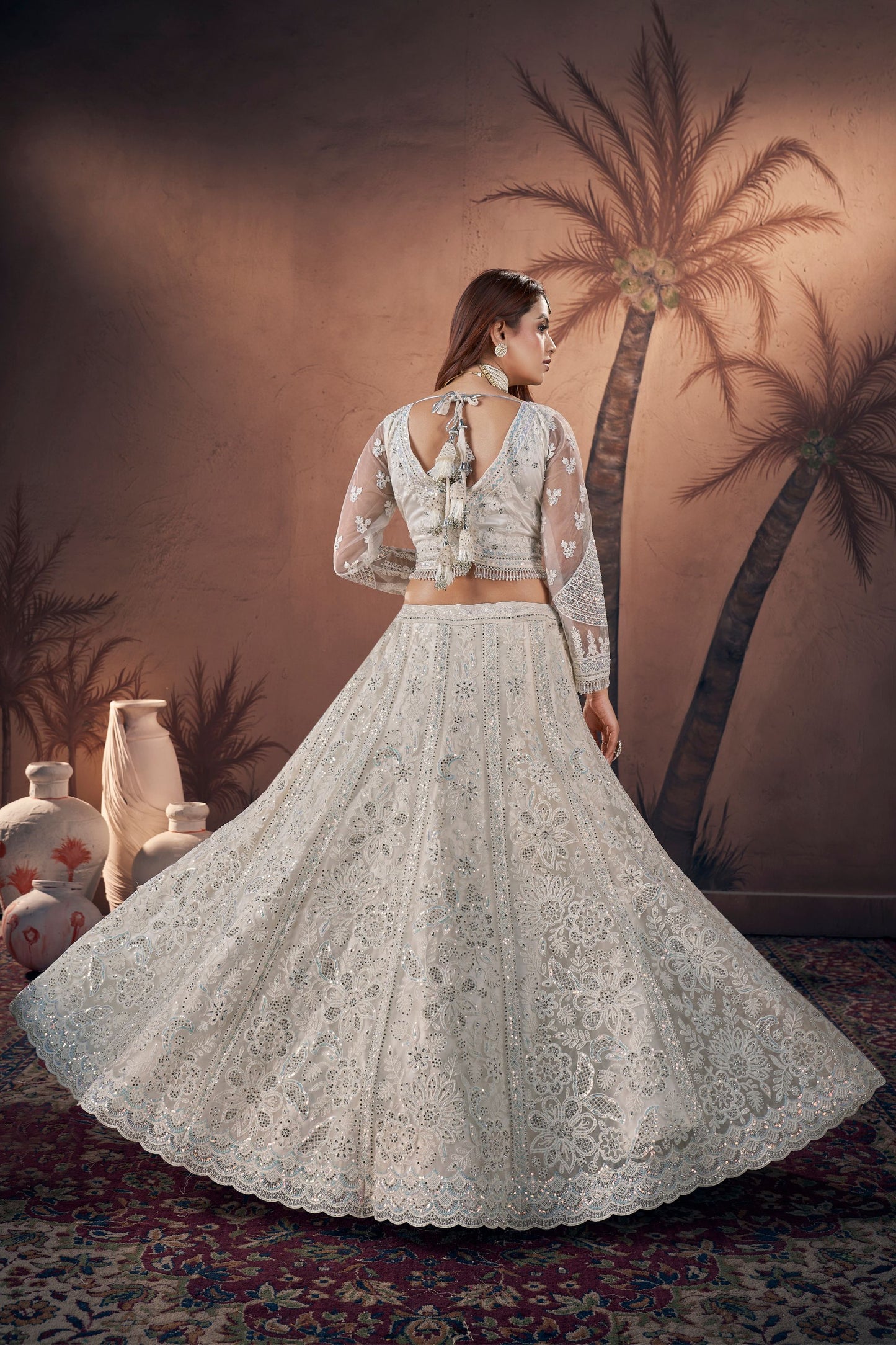 Off White Net Lehenga Choli For Indian Festivals & Wedding - Zarkan Work, Sequence Embroidery Work, Hand Work