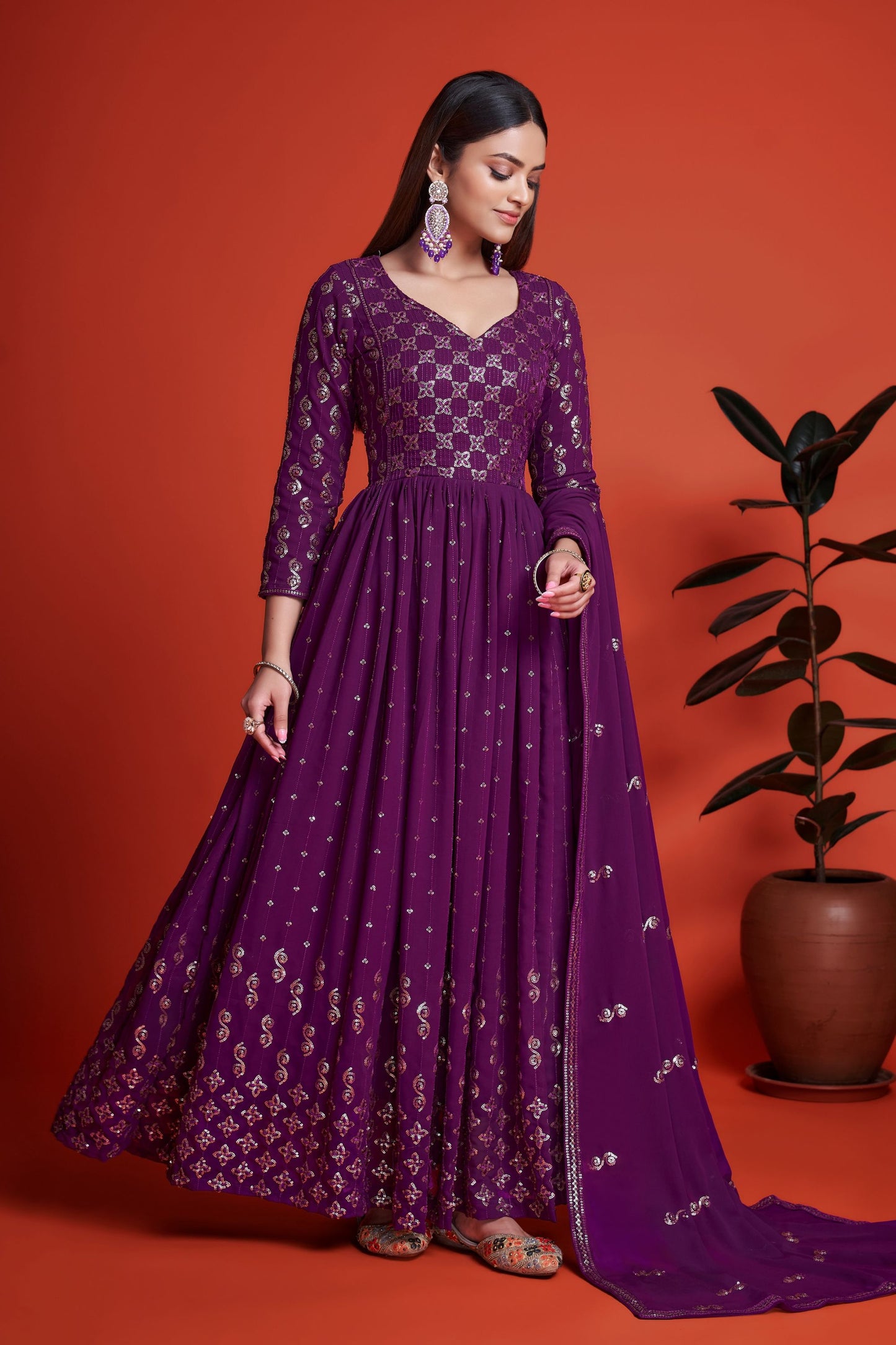 Purple Pakistani Georgette Anarkali Gown For Indian Festivals & Weddings - Sequence Embroidery Work, Thread Embroidery Work,